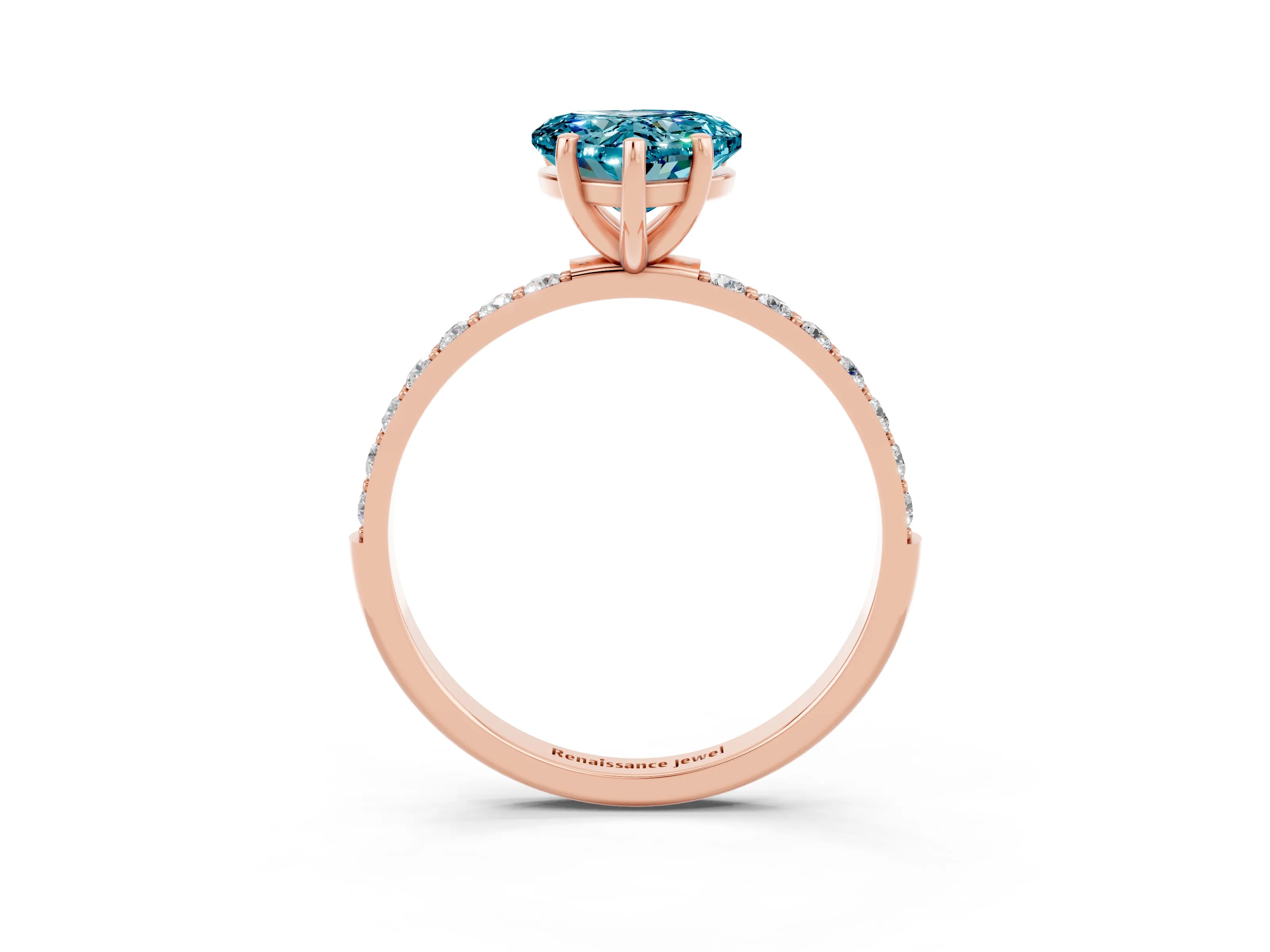 Rose gold Heart Cut Blue Topaz Solitaire Ring with Pave Band and Four Prong Setting_15