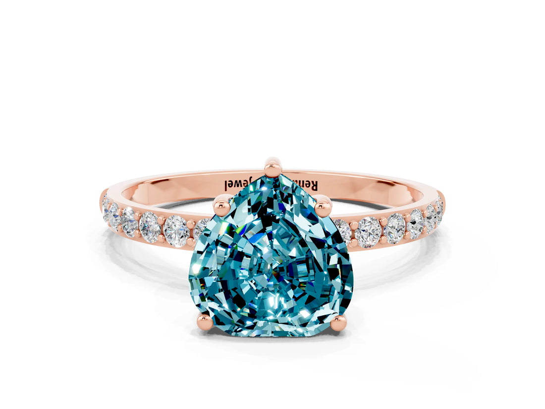 Rose gold Heart Cut Blue Topaz Solitaire Ring with Pave Band and Four Prong Setting_24