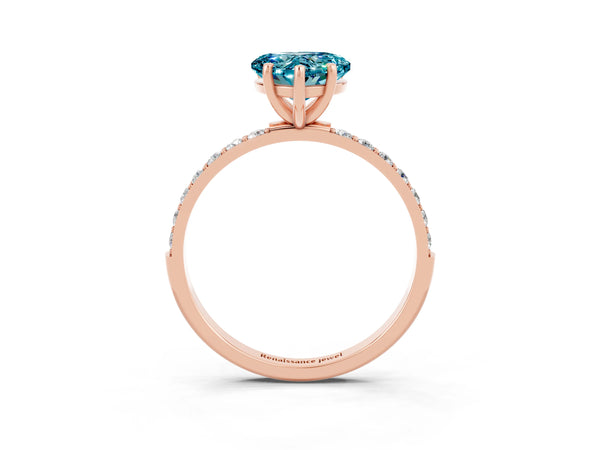 Rose gold Heart Cut Blue Topaz Solitaire Ring with Round  Pavé Band and Prong Setting