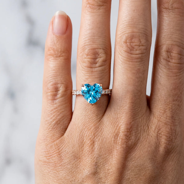 Rose gold Heart Cut Blue Topaz Solitaire Ring with Round  Pavé Band and Four-Prong Setting