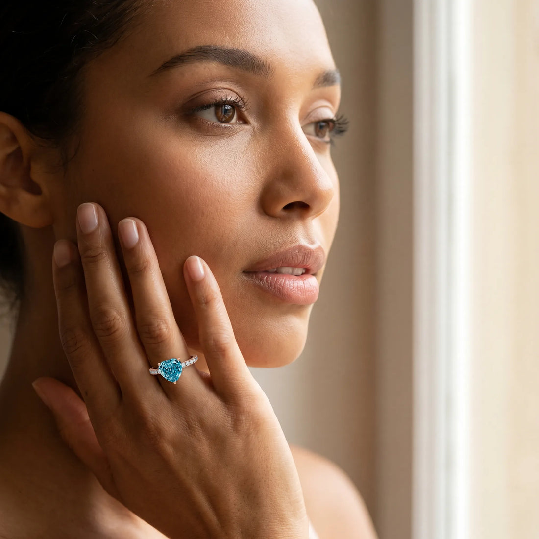 Rose gold Heart Cut Blue Topaz Solitaire Ring with Round  Pavé Band and Four-Prong Setting_43
