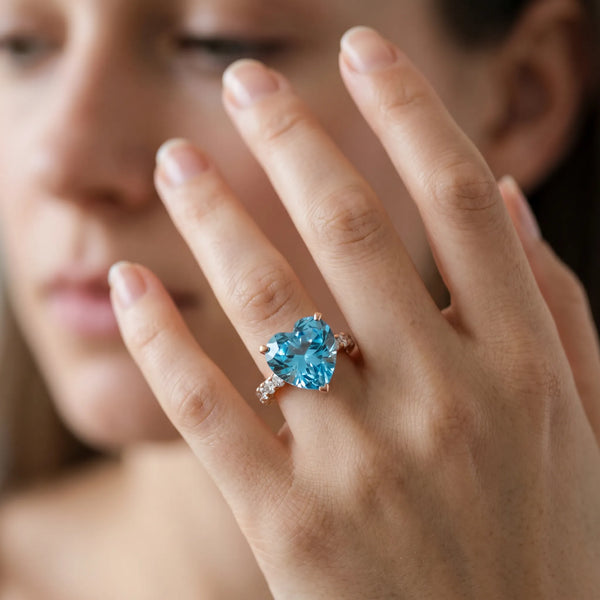 Rose gold Heart Cut Blue Topaz Solitaire Ring with Round  Pavé Band and Four-Prong Setting