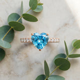 Rose gold Heart Cut Blue Topaz Solitaire Ring with Round  Pavé Band and Four-Prong Setting_45