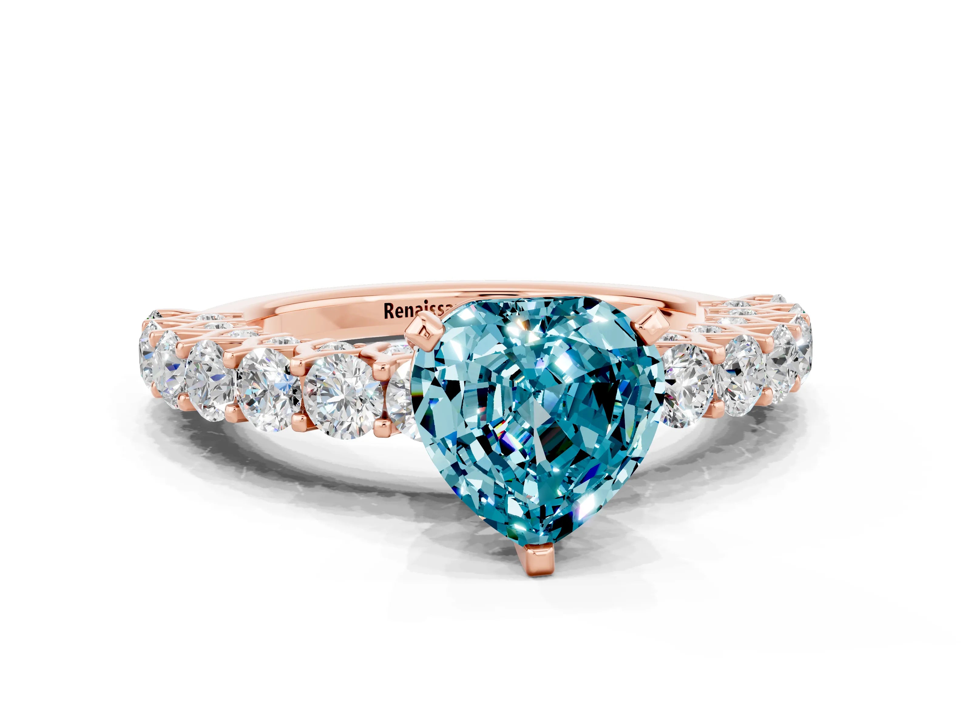 Rose gold Heart Cut Blue Topaz Solitaire Ring with Shared Prong Pavé Band and Four-Prong Setting_12