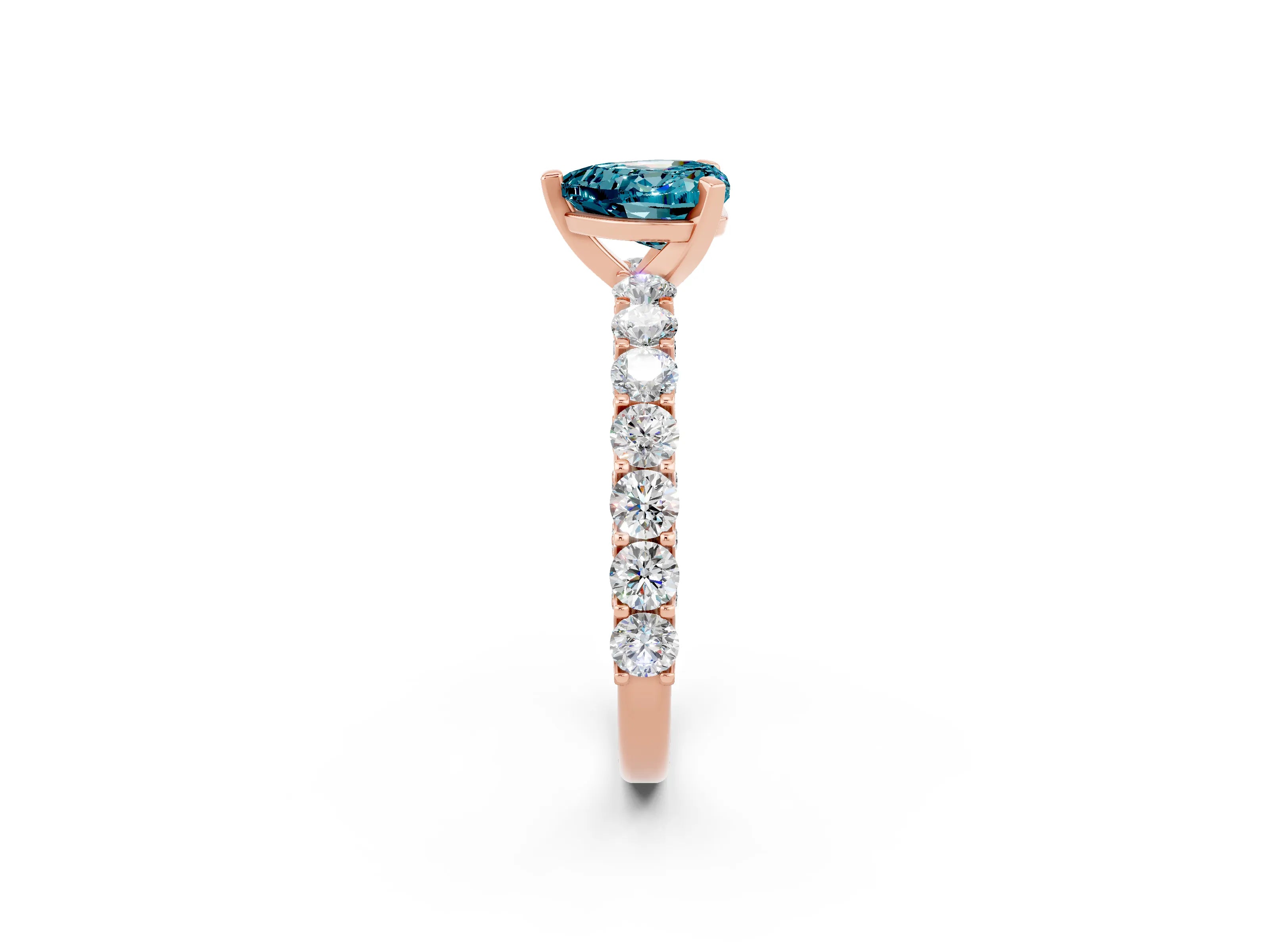 Rose gold Heart Cut Blue Topaz Solitaire Ring with Shared Prong Pavé Band and Four-Prong Setting_14