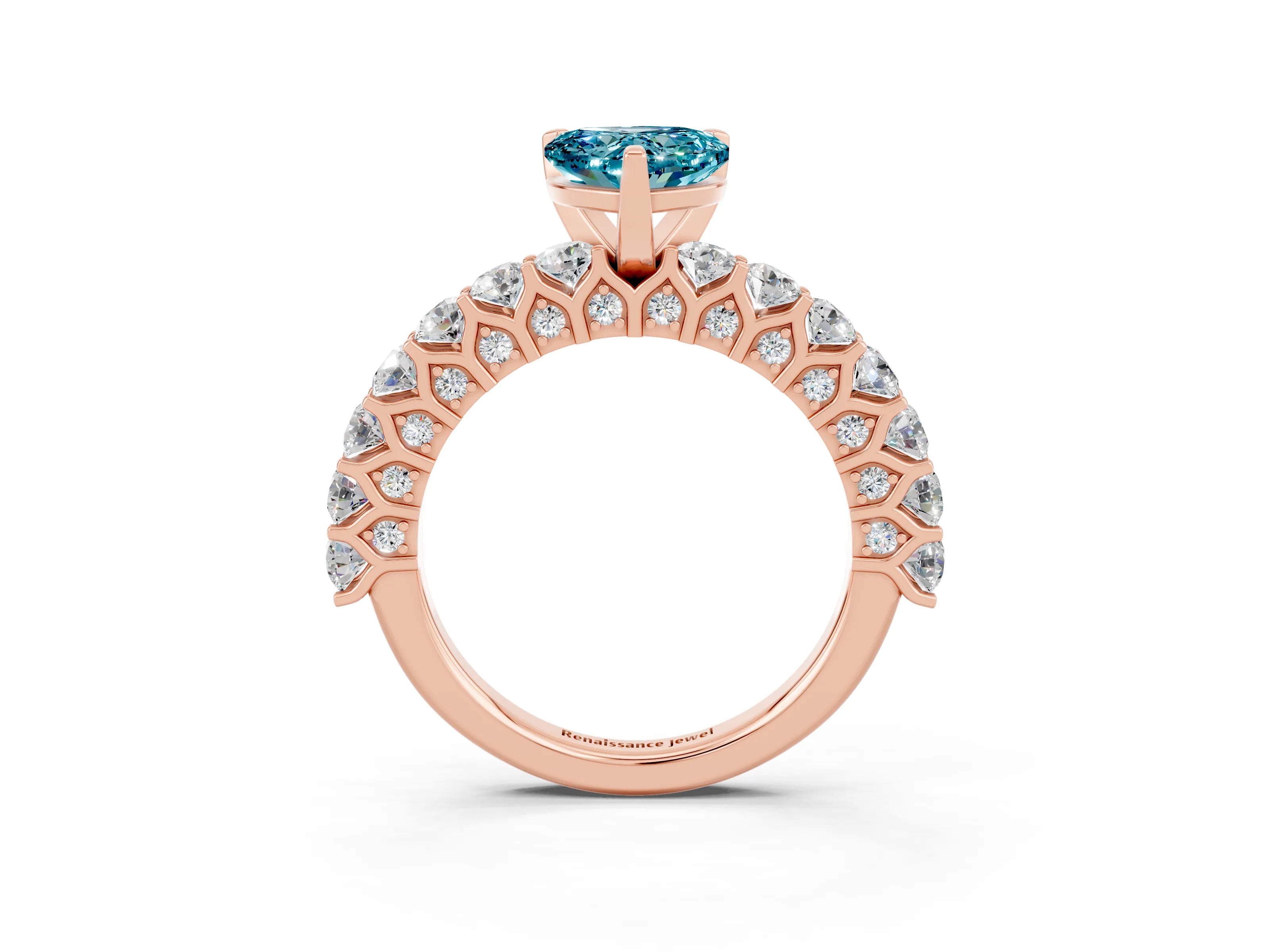 Rose gold Heart Cut Blue Topaz Solitaire Ring with Shared Prong Pavé Band and Four-Prong Setting_15