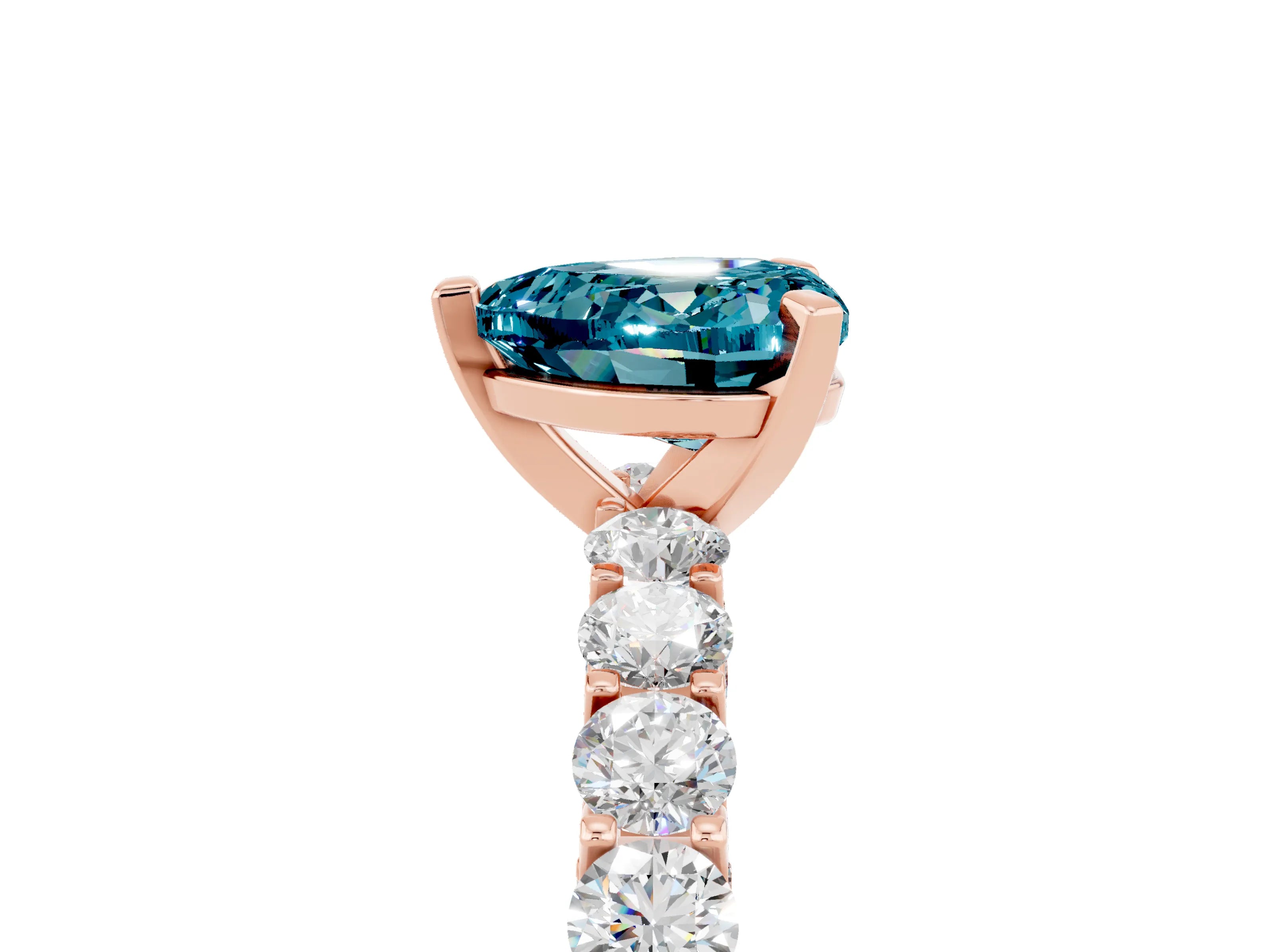 Rose gold Heart Cut Blue Topaz Solitaire Ring with Shared Prong Pavé Band and Four-Prong Setting_17
