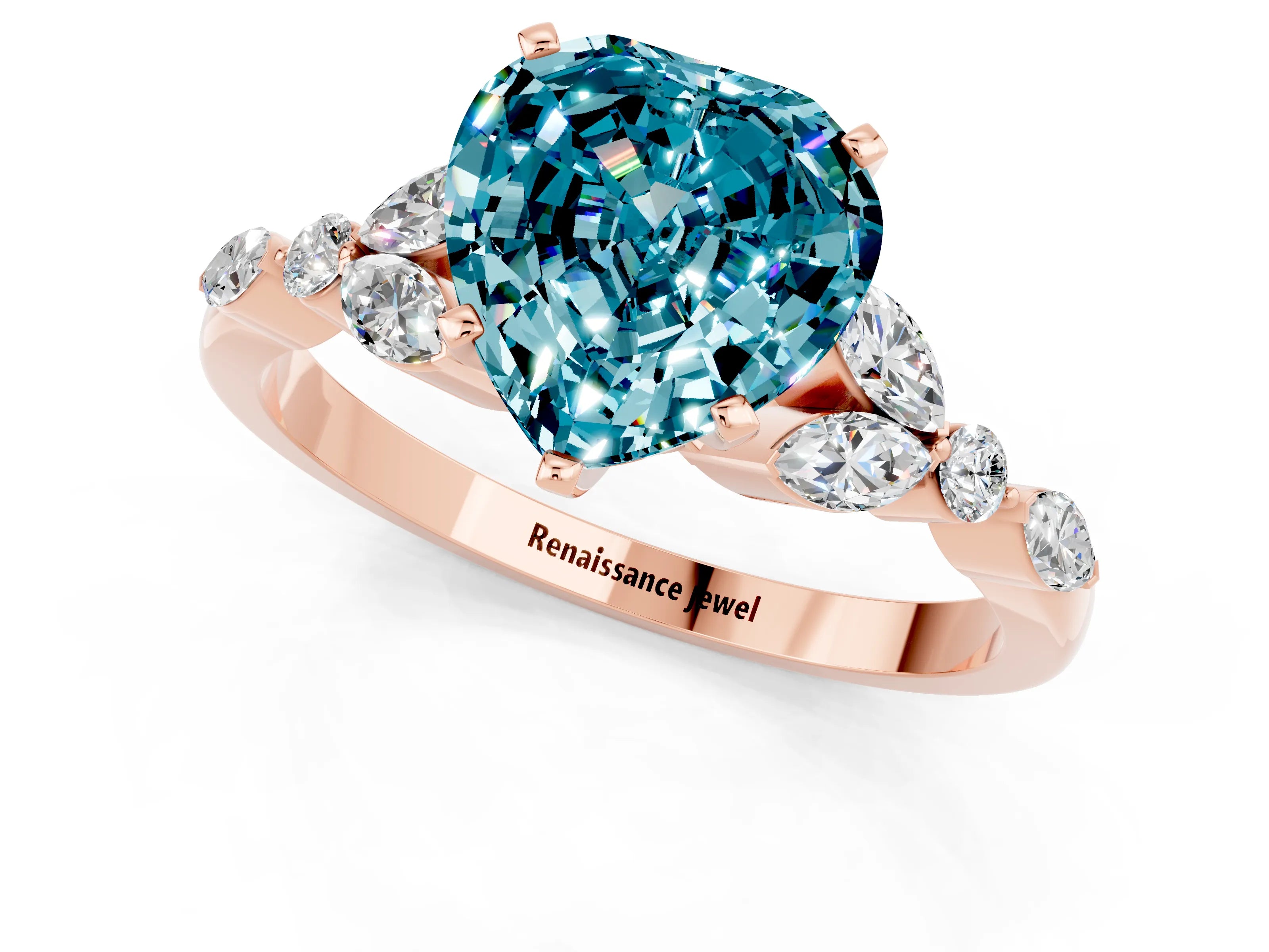Rose gold Heart Cut Blue Topaz Solitaire Ring with Side Stones and Four-Prong Setting_13