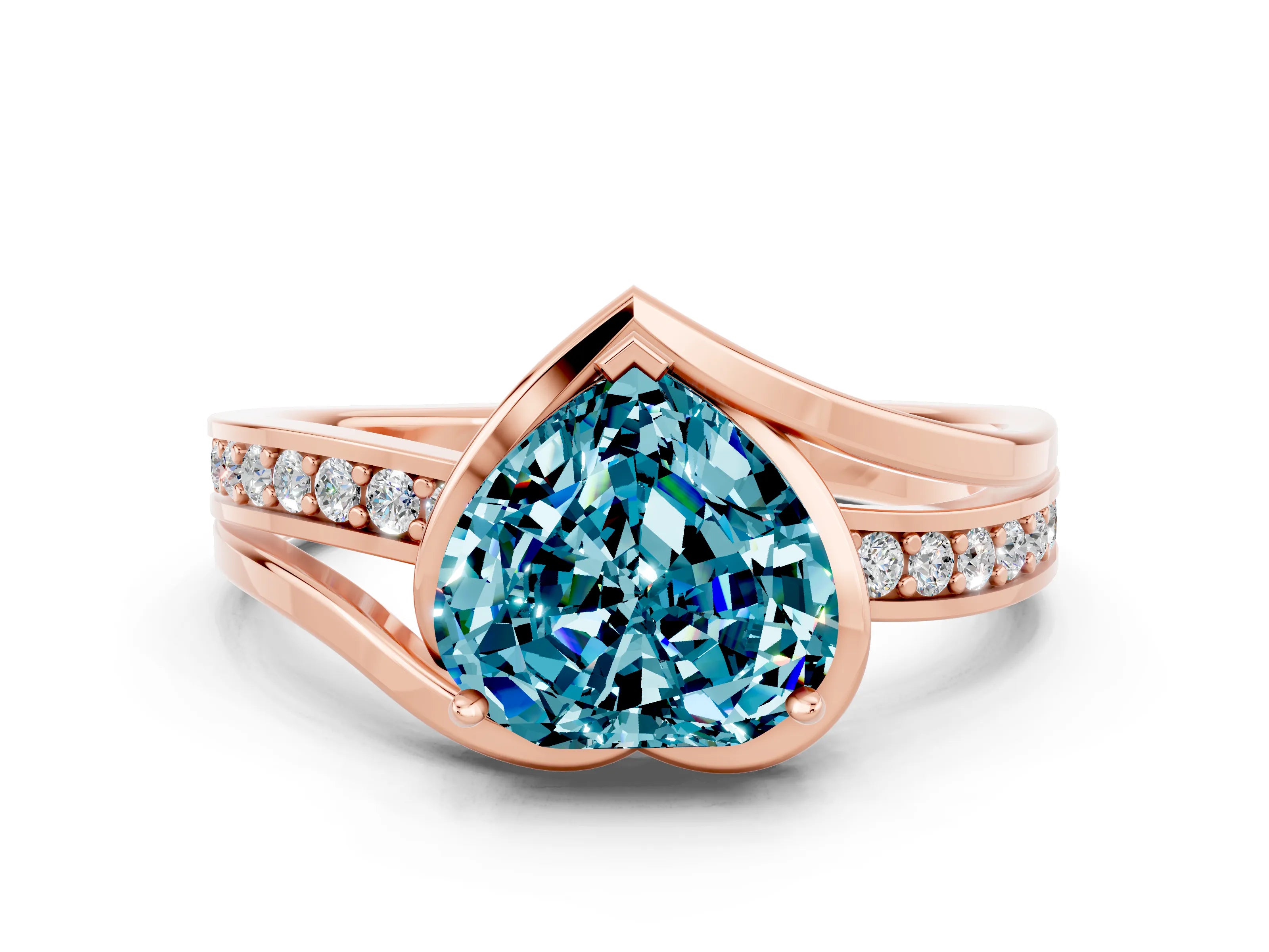 Rose gold Heart Cut Blue Topaz Solitaire Ring with Split Shank and Prong Setting