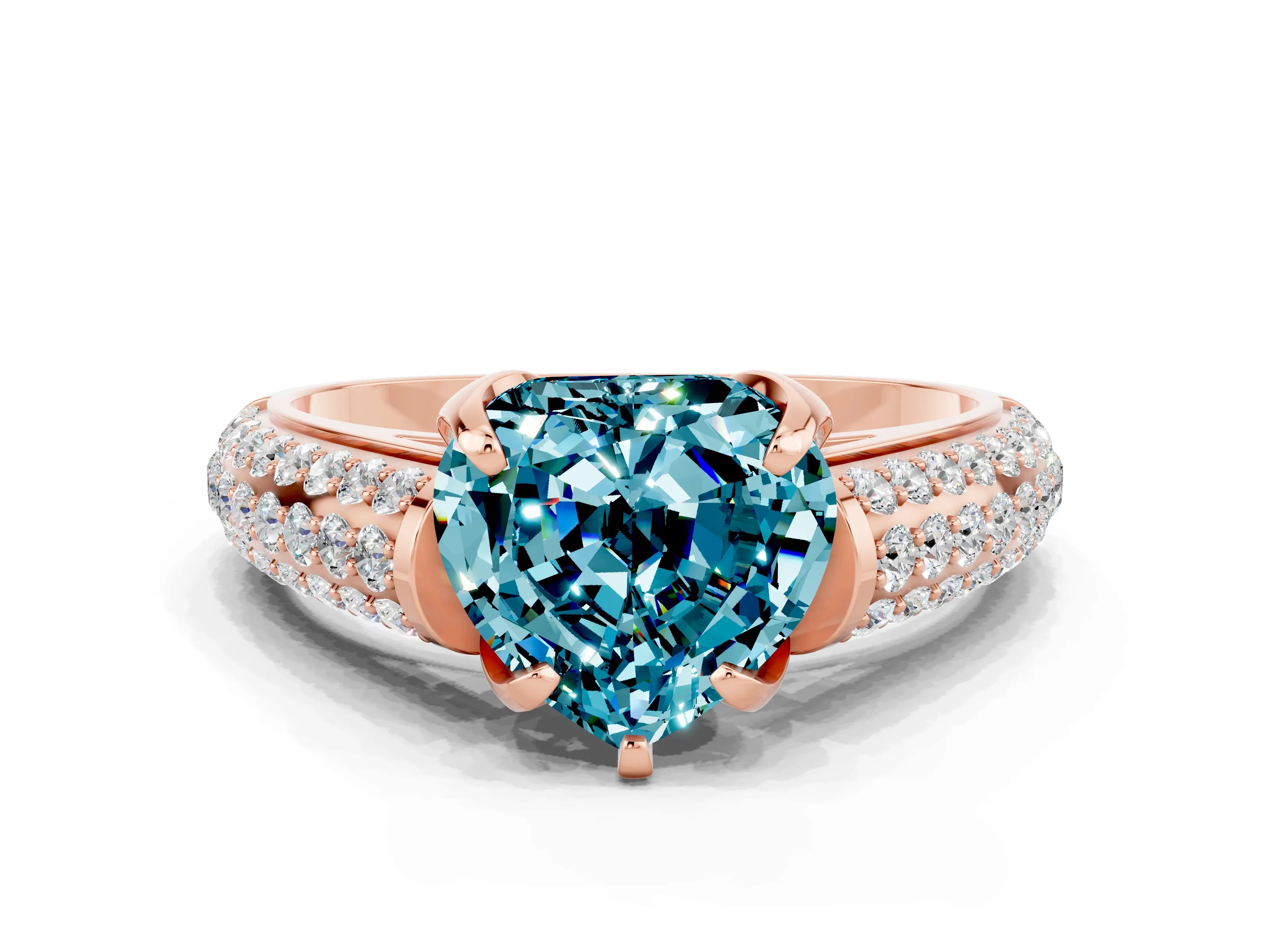 Rose gold Heart Cut Blue Topaz Solitaire Ring with Three-Row Pavé Band and Four-Prong Setting_12