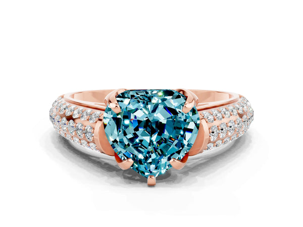 Rose gold Heart Cut Blue Topaz Solitaire Ring with Three-Row Pavé Band and Four-Prong Setting
