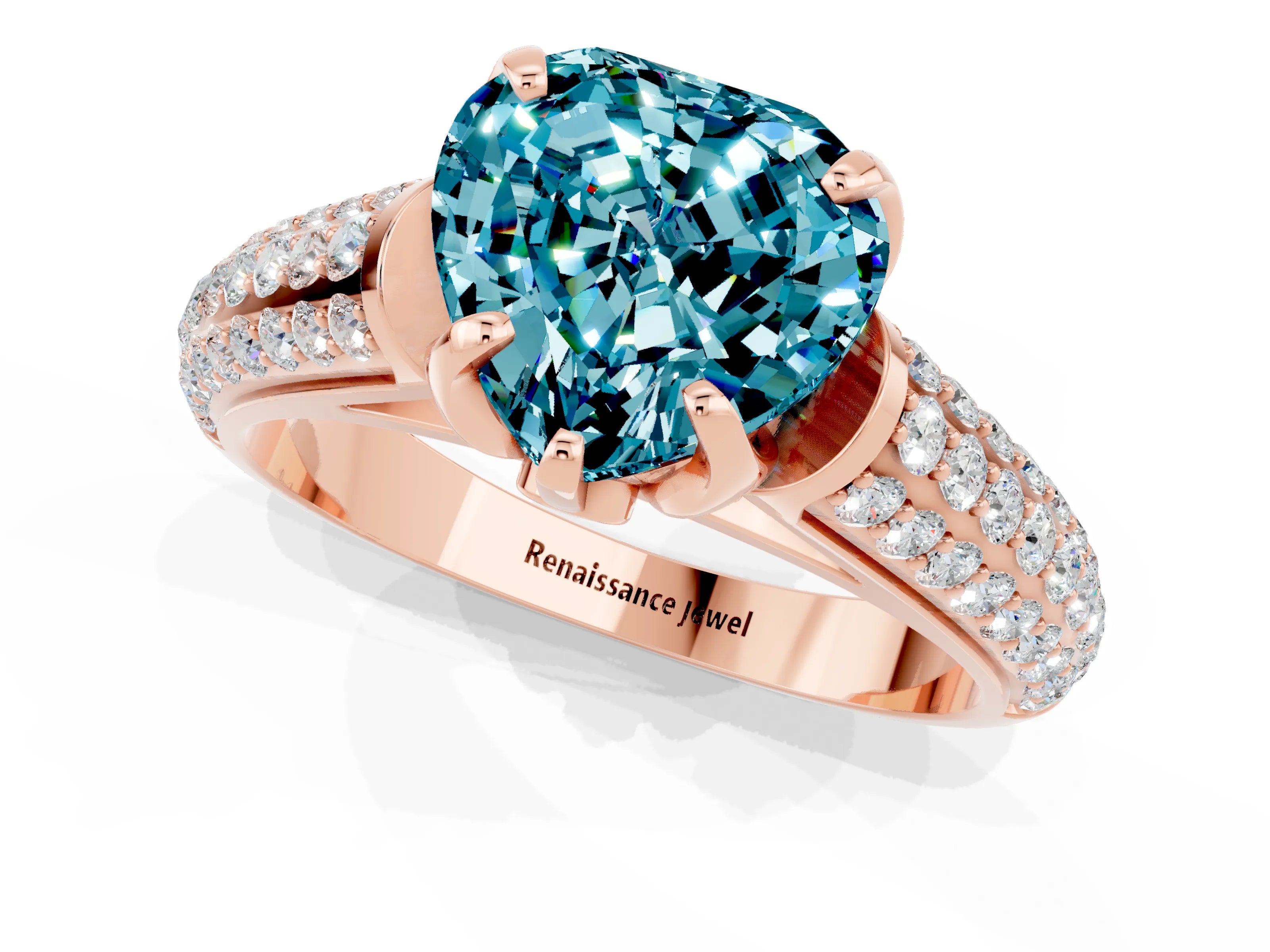 Rose gold Heart Cut Blue Topaz Solitaire Ring with Three-Row Pavé Band and Four-Prong Setting_13