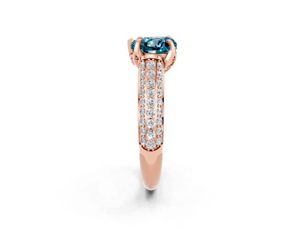 Rose gold Heart Cut Blue Topaz Solitaire Ring with Three-Row Pavé Band and Four-Prong Setting