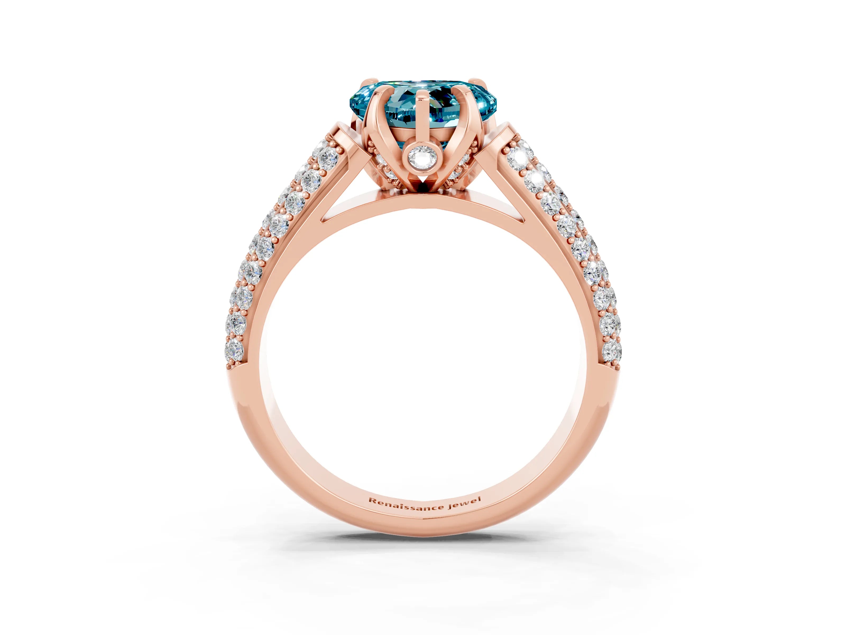 Rose gold Heart Cut Blue Topaz Solitaire Ring with Three-Row Pavé Band and Four-Prong Setting_15