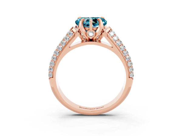 Rose gold Heart Cut Blue Topaz Solitaire Ring with Three-Row Pavé Band and Four-Prong Setting