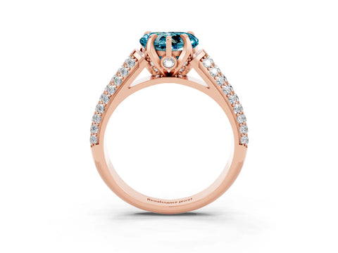 Rose gold Heart Cut Blue Topaz Solitaire Ring with Three-Row Pavé Band and Four-Prong Setting_15