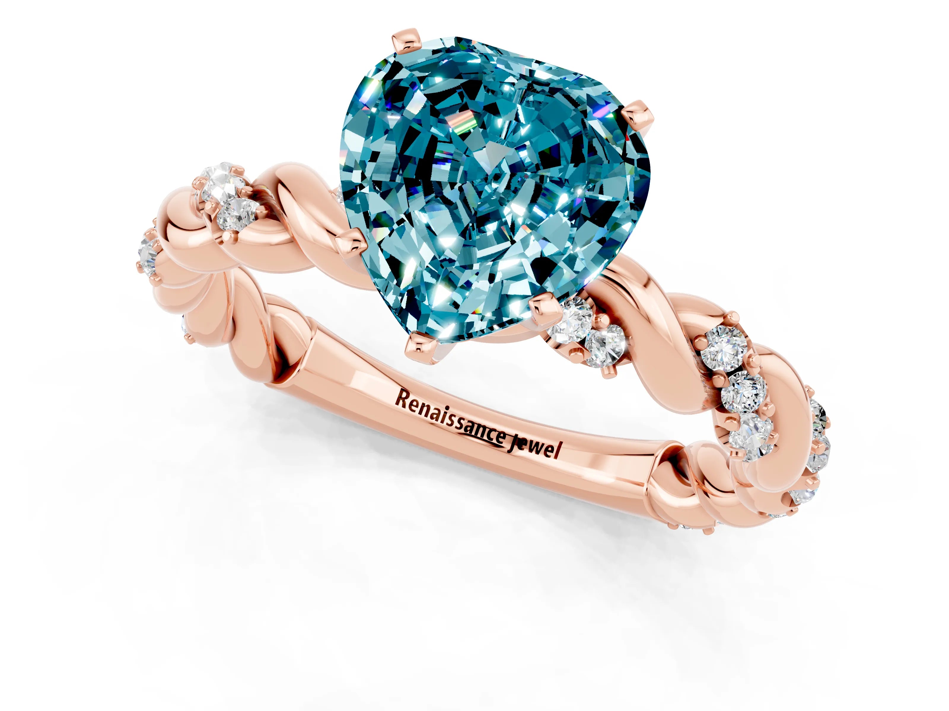 Rose gold Heart Cut Blue Topaz Solitaire Ring with Twisted Band and Pavé Accents_1