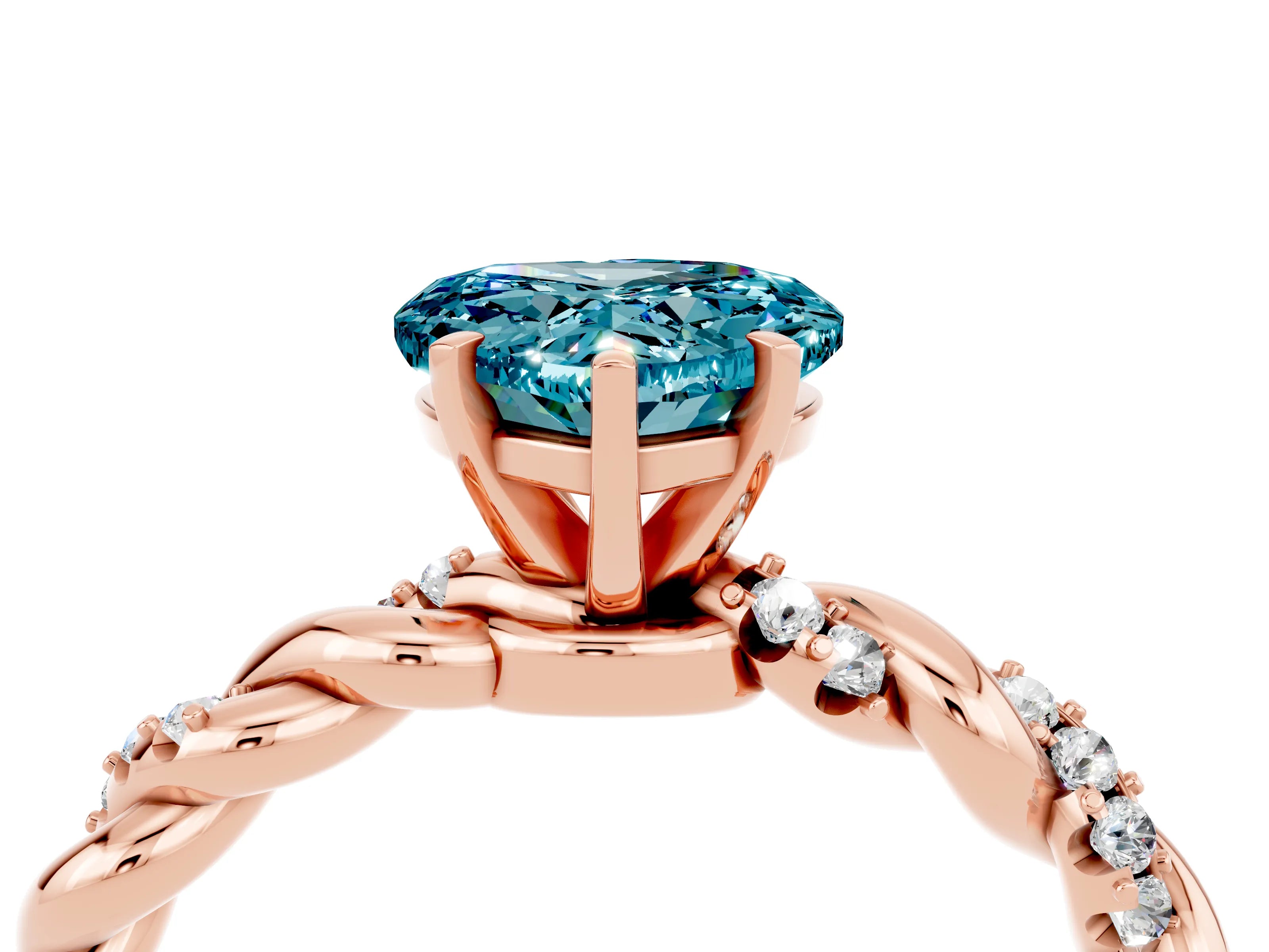 Rose gold Heart Cut Blue Topaz Solitaire Ring with Twisted Band and Pavé Accents_4