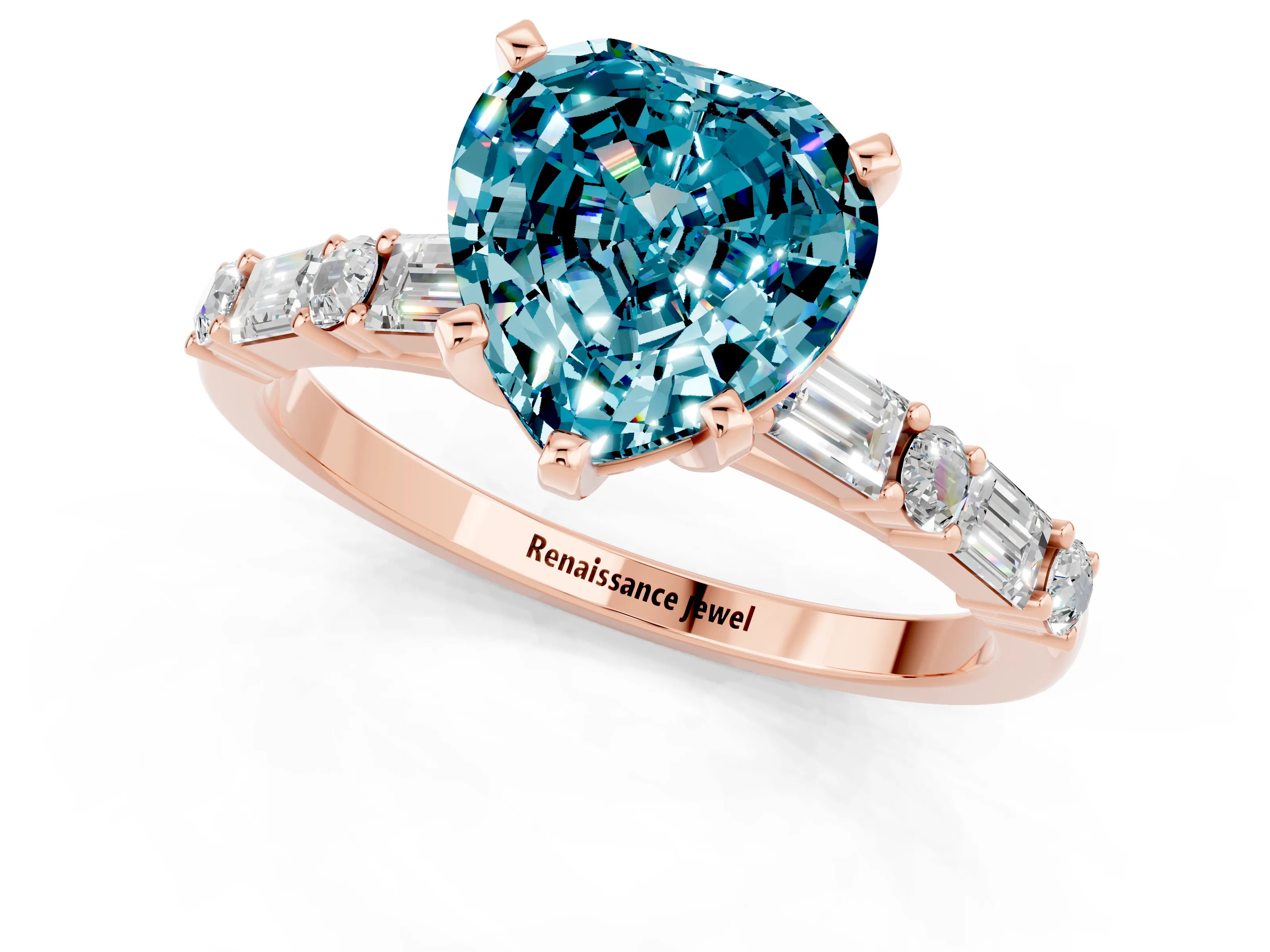 Rose gold Heart Cut Blue Topaz Solitaire with Side Baguettes and Channel Set Band_1