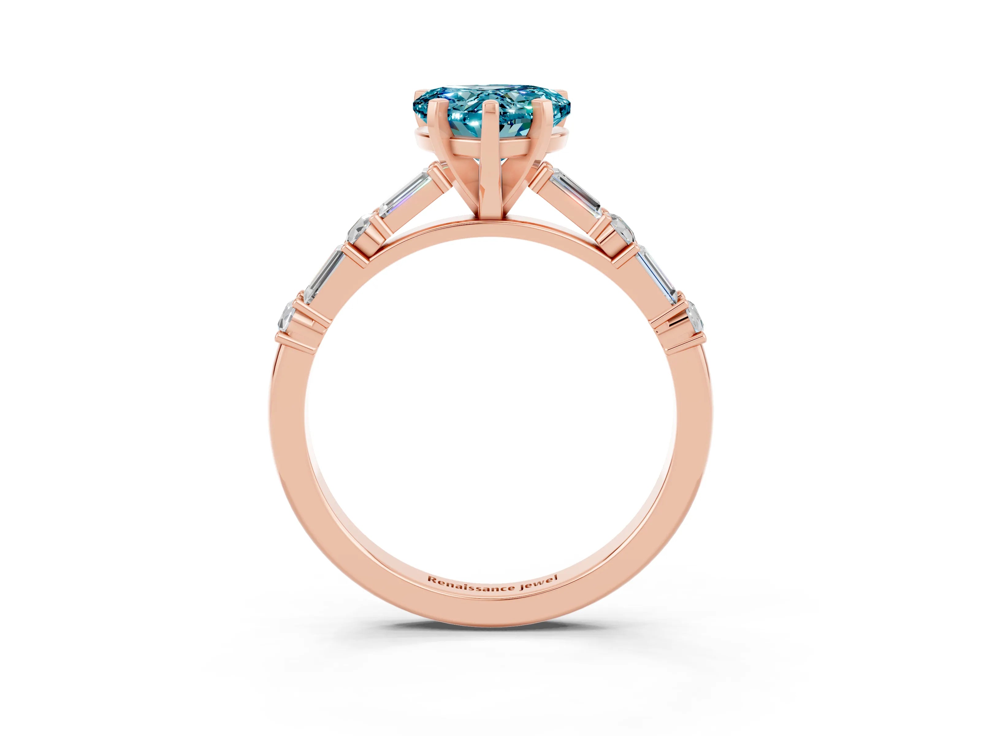Rose gold Heart Cut Blue Topaz Solitaire with Side Baguettes and Channel Set Band_3