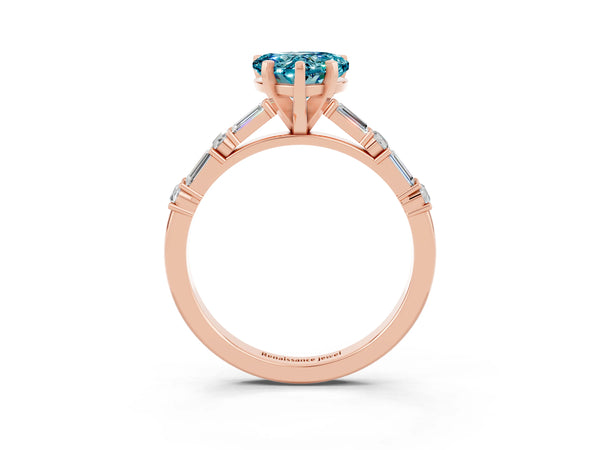 Rose gold Heart Cut Blue Topaz Solitaire with Side Baguettes and Channel Set Band