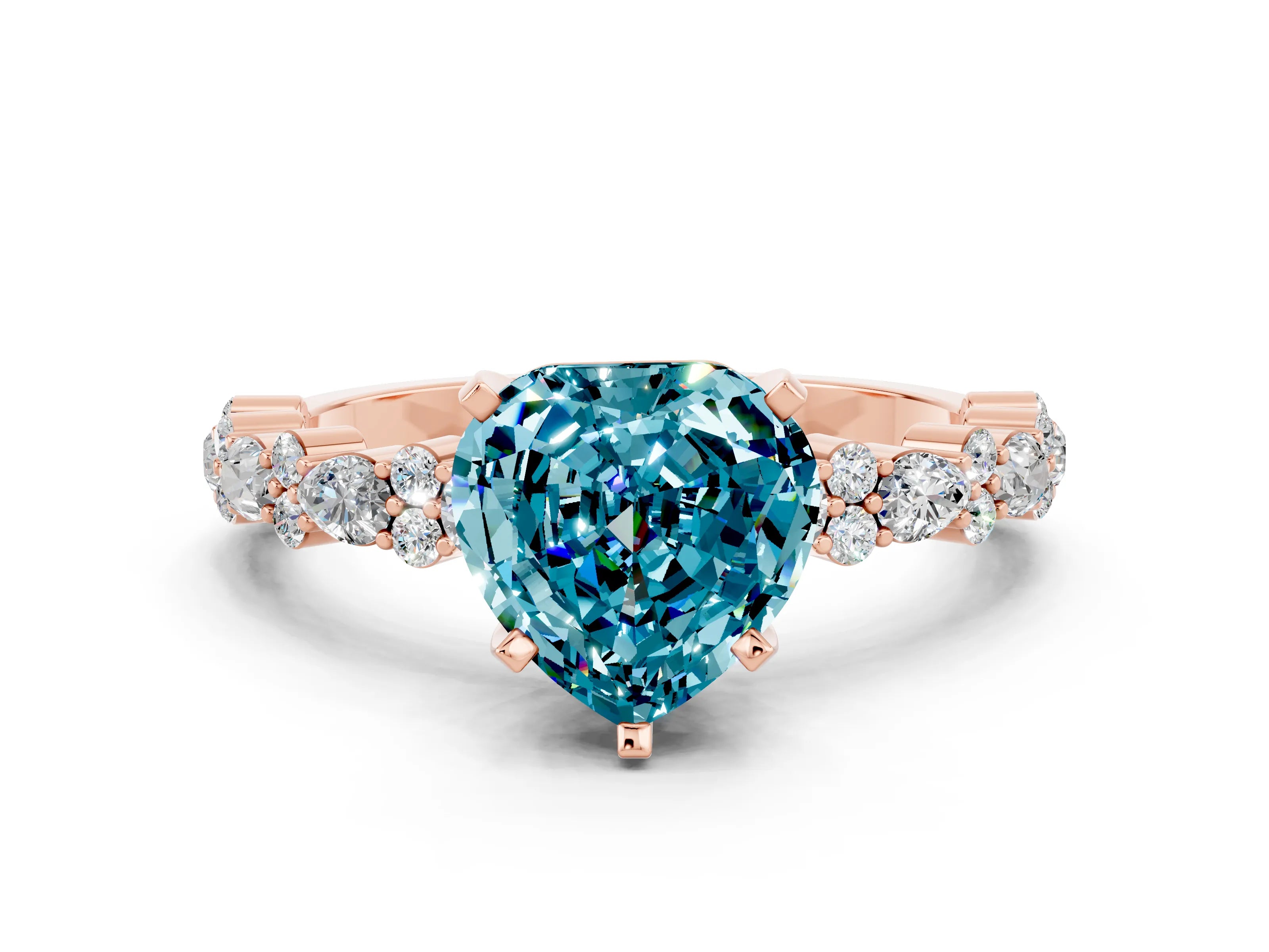 Rose gold Heart Cut Blue Topaz Solitaire with Side Stones, Pave Band, Four-Prong Setting_24