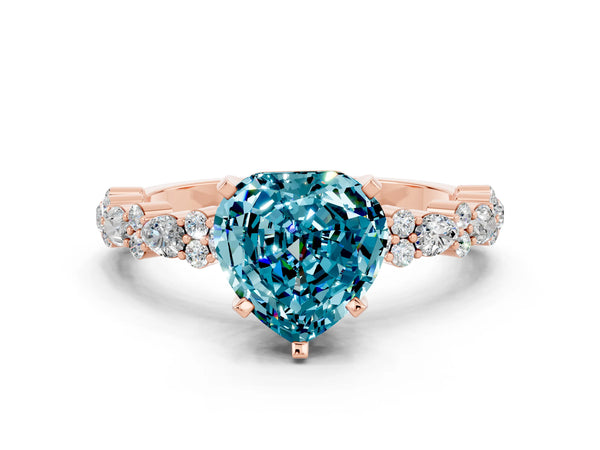 Rose gold Heart Cut Blue Topaz Side Stone Solitaire Ring with Round  and Four-Prong Setting