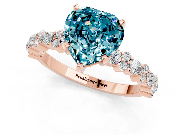 Rose gold Heart Cut Blue Topaz Side Stone Solitaire Ring with Round  and Four-Prong Setting
