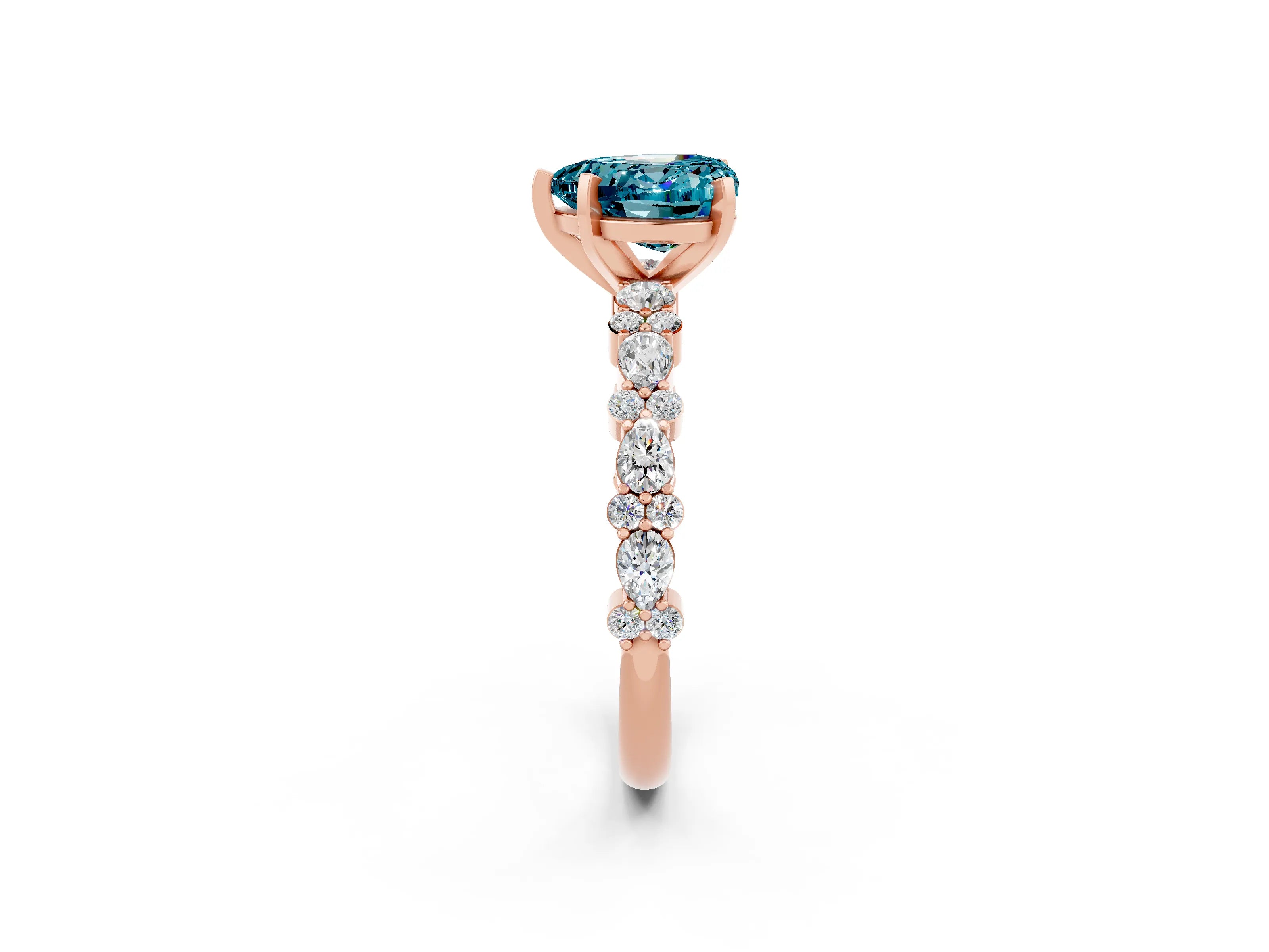 Rose gold Heart Cut Blue Topaz Solitaire with Side Stones, Pave Band, Four-Prong Setting_26