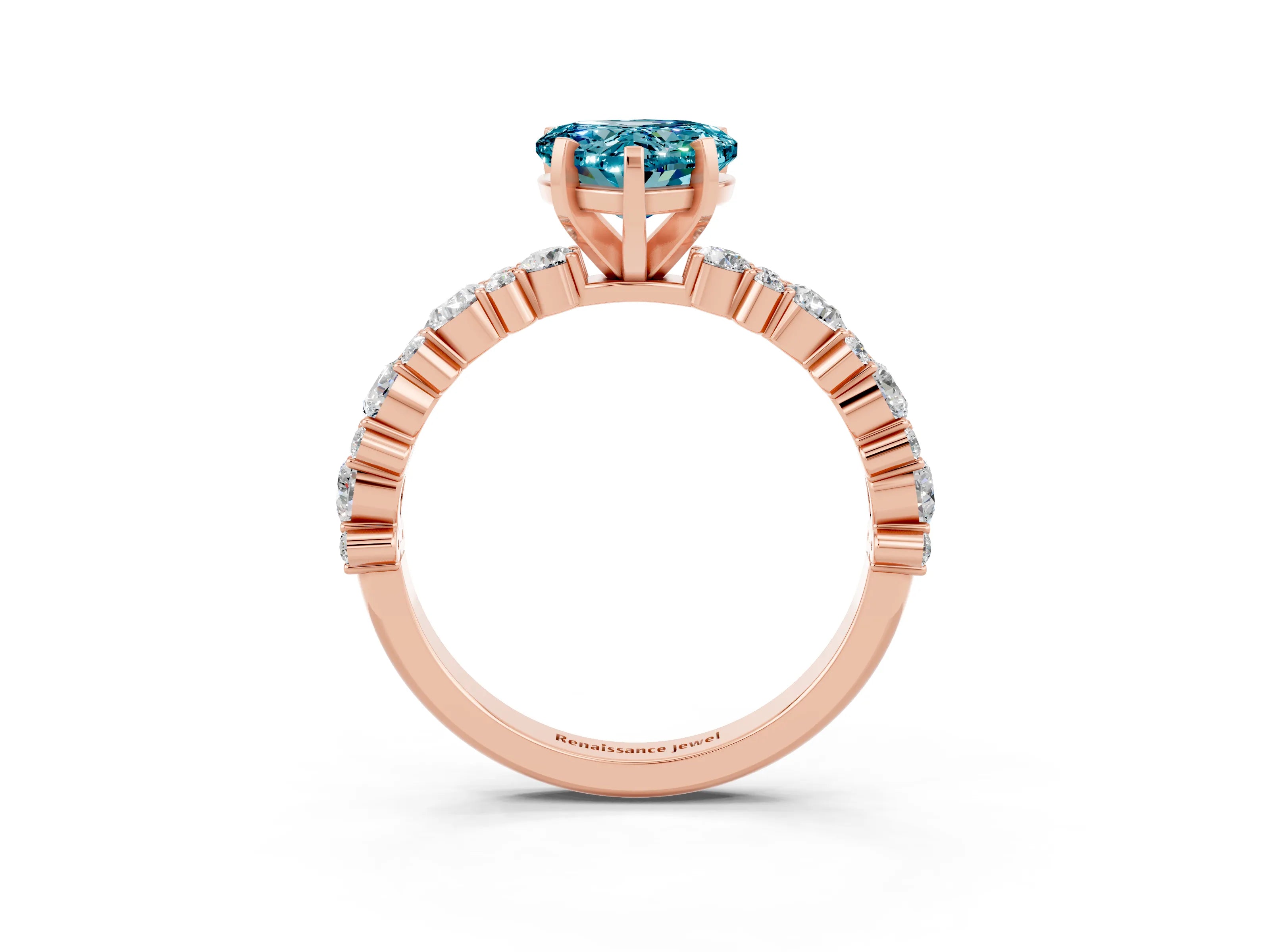 Rose gold Heart Cut Blue Topaz Solitaire with Side Stones, Pave Band, Four-Prong Setting_27