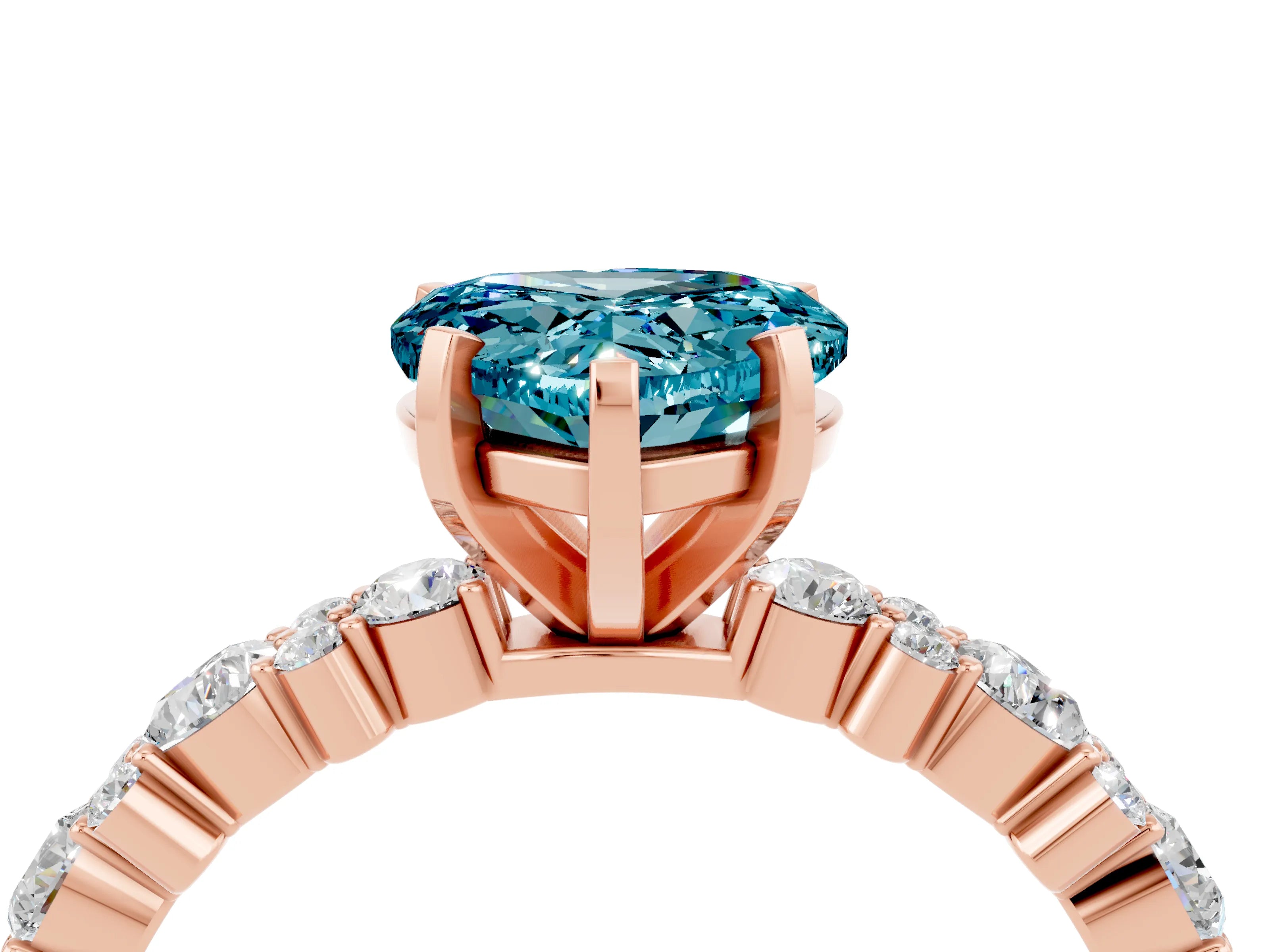Rose gold Heart Cut Blue Topaz Solitaire with Side Stones, Pave Band, Four-Prong Setting_28