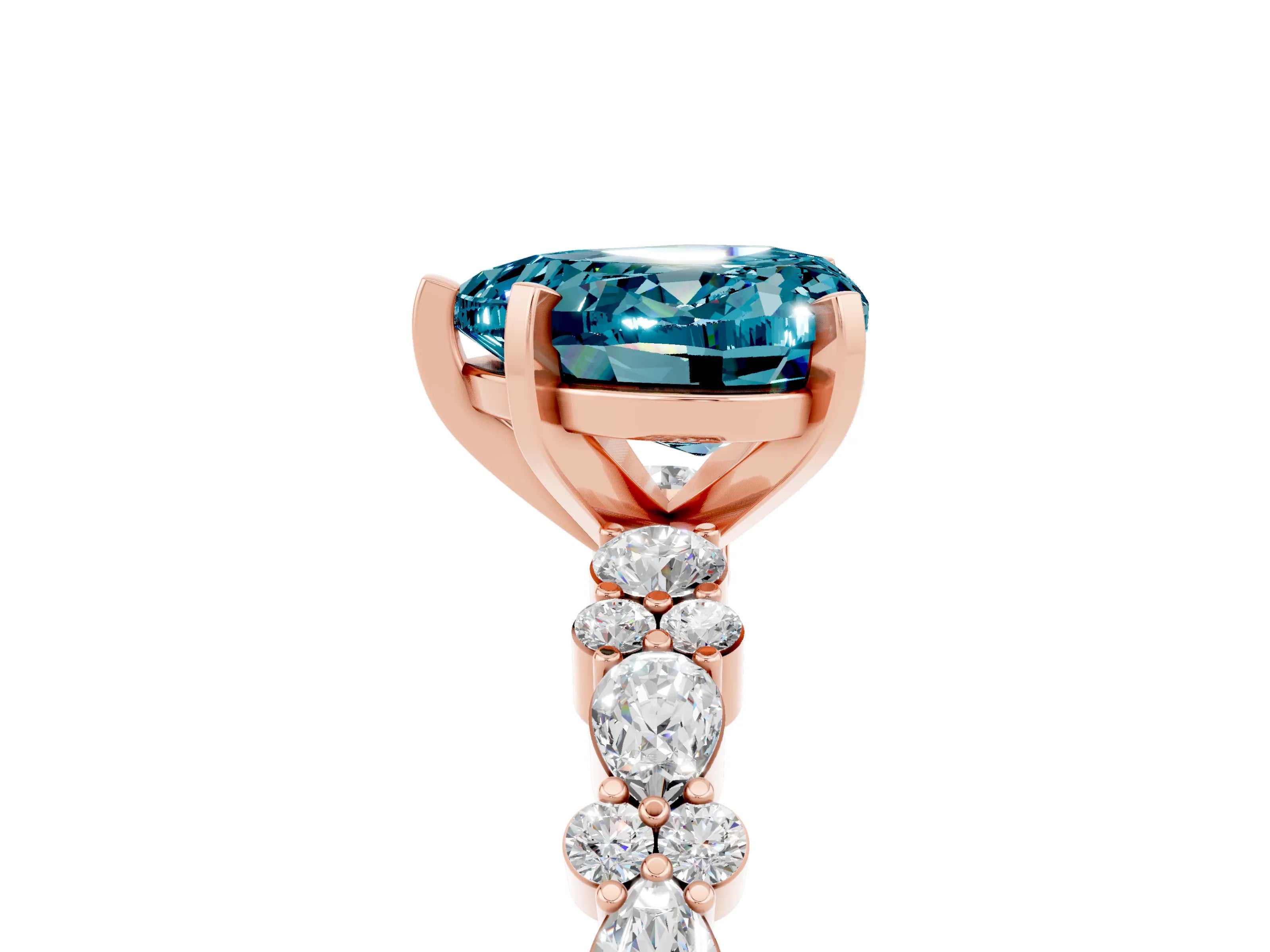 Rose gold Heart Cut Blue Topaz Solitaire with Side Stones, Pave Band, Four-Prong Setting_29