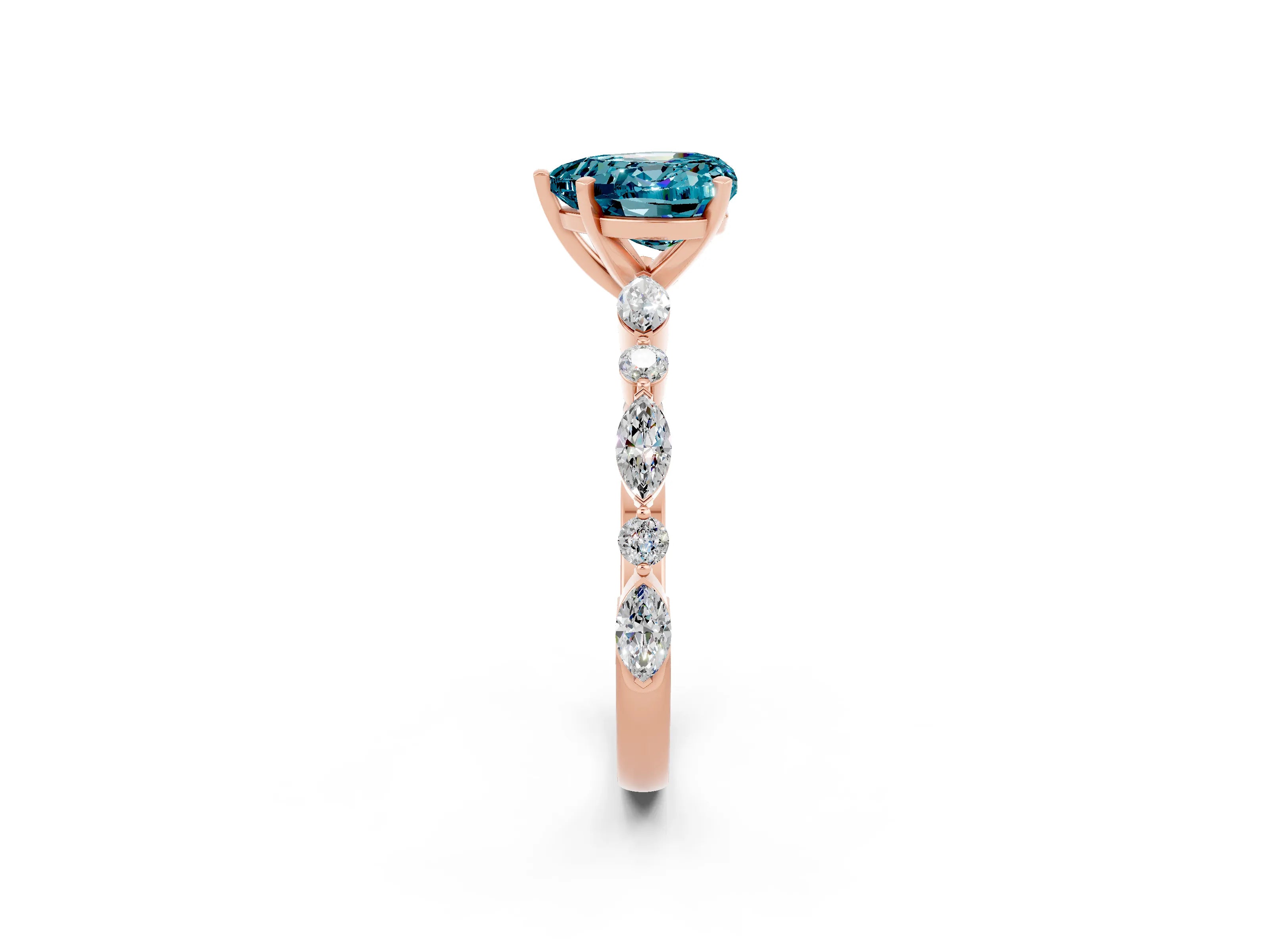 Rose gold Heart Cut Blue Topaz Solitaire with Side Stones on a Pavé Band and Four-Prong Setting_2