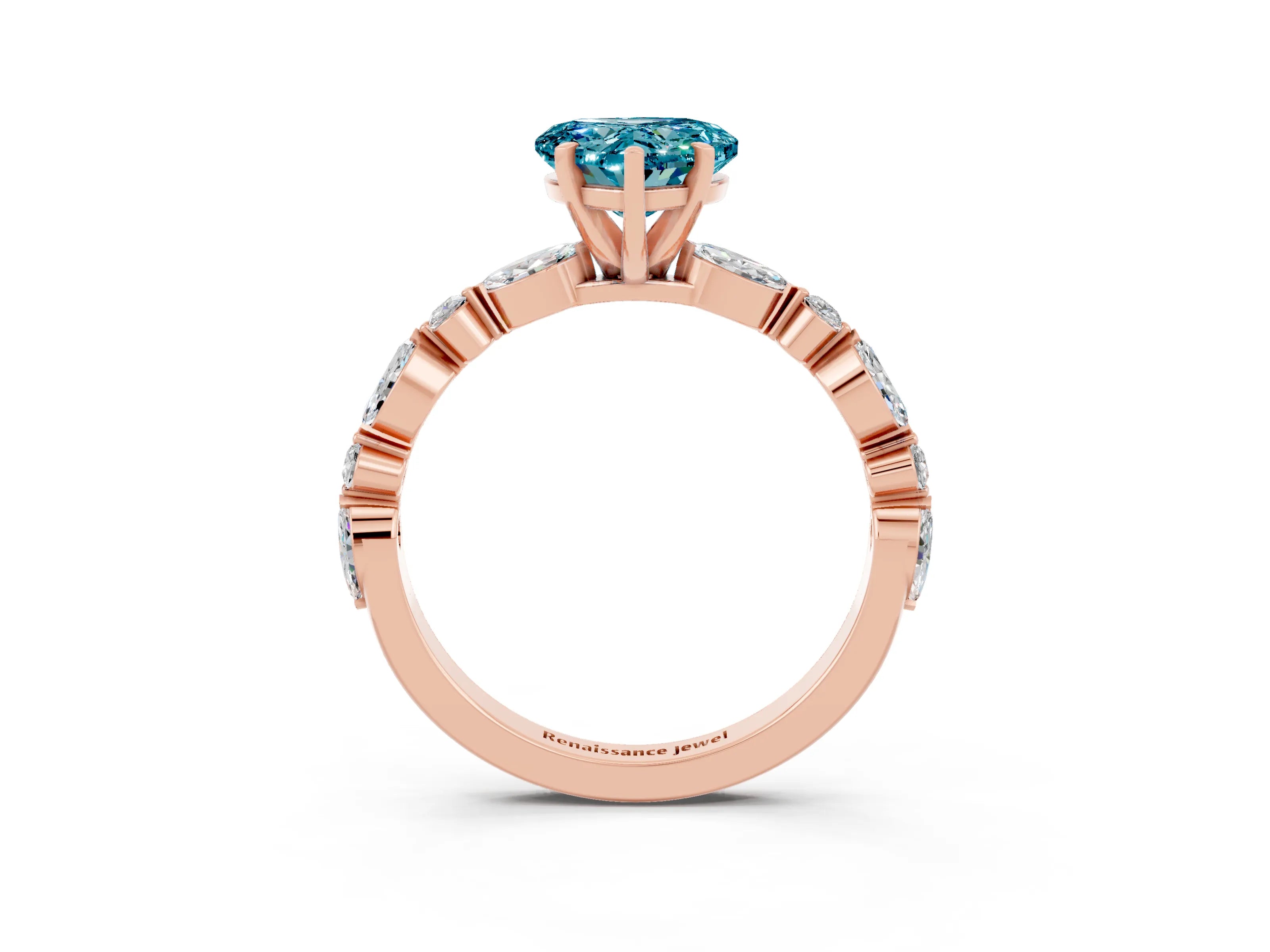 Rose gold Heart Cut Blue Topaz Solitaire with Side Stones on a Pavé Band and Four-Prong Setting_3