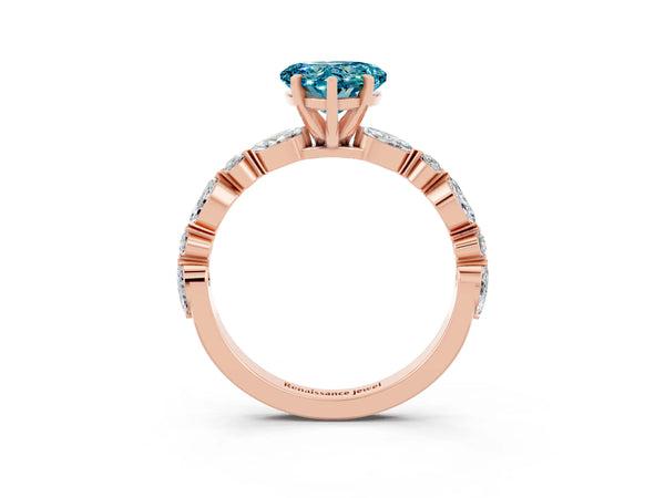 Rose gold Heart Cut Blue Topaz Ring with Marquise and Round  Side Stones and Four-Prong Setting