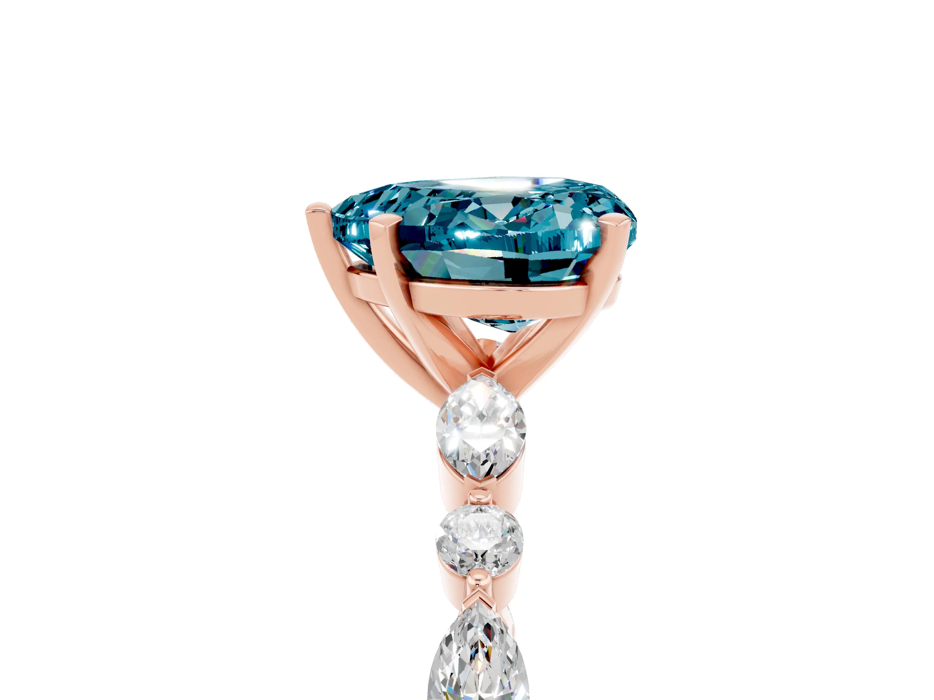 Rose gold Heart Cut Blue Topaz Solitaire with Side Stones on a Pavé Band and Four-Prong Setting_5