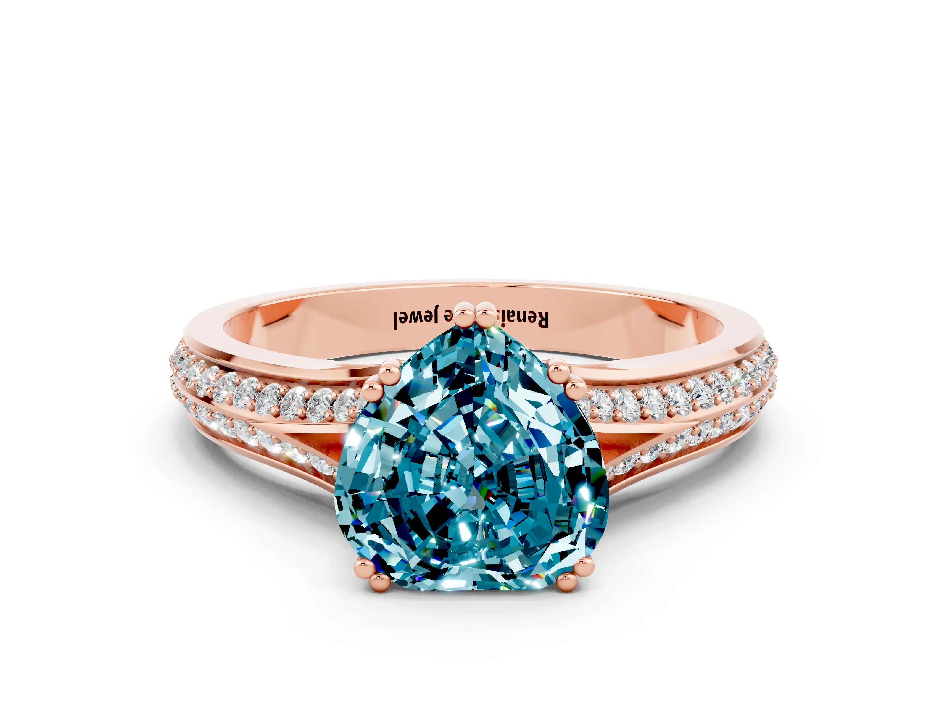 Rose gold Heart Cut Blue Topaz Split Shank Engagement Ring with Pavé Band