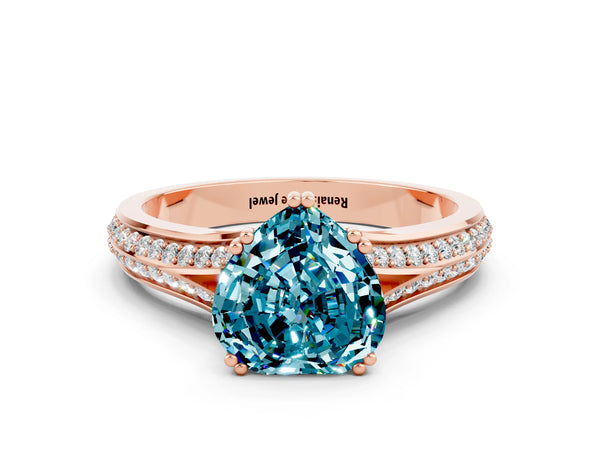 Rose gold Heart Cut Blue Topaz Split Shank Engagement Ring with Pavé Band