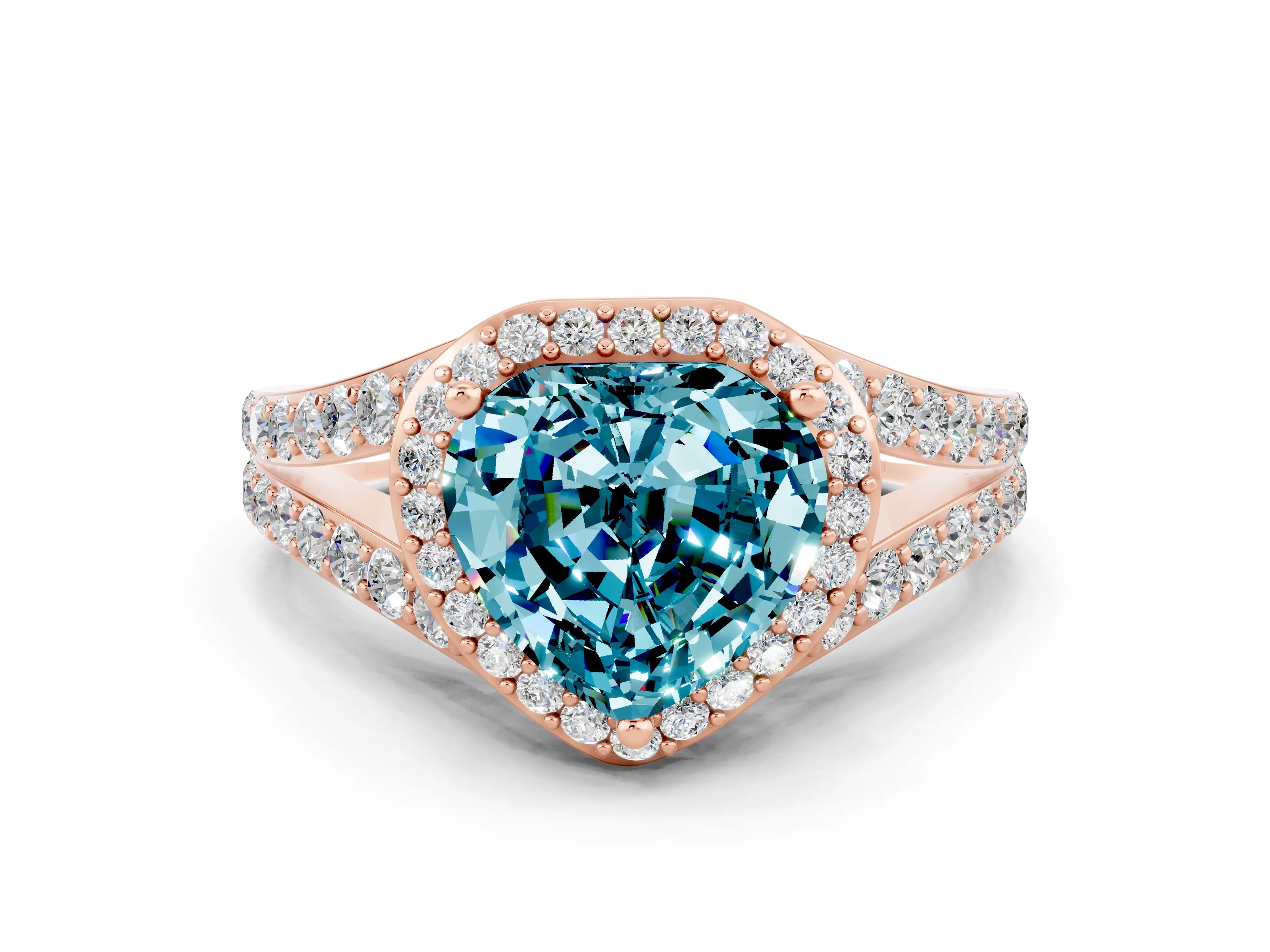 Rose gold Heart Cut Blue Topaz Split Shank Halo Ring with Four-Prong Setting_12