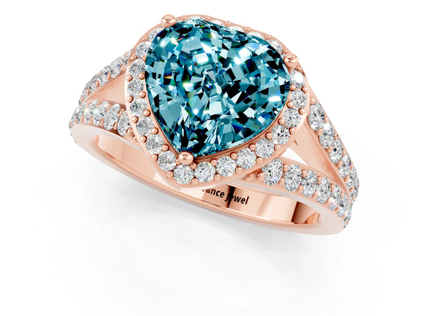 Rose gold Heart Cut Blue Topaz Split Shank Halo Ring with Four-Prong Setting