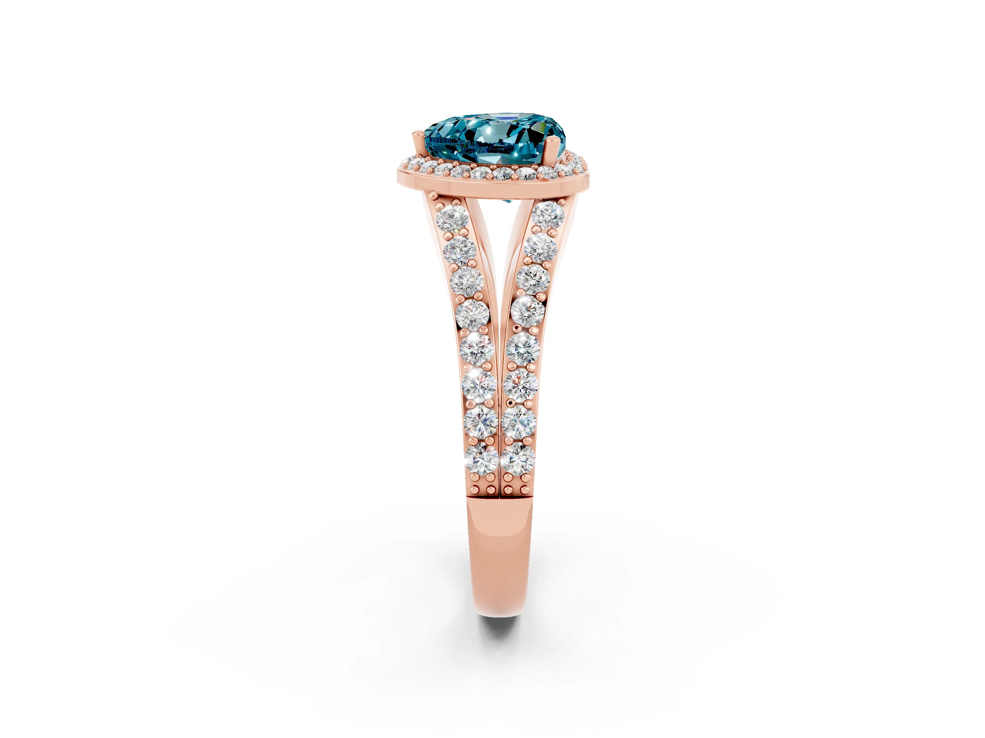 Rose gold Heart Cut Blue Topaz Split Shank Halo Ring with Four-Prong Setting_14