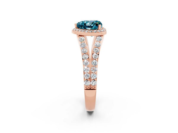 Rose gold Heart Cut Blue Topaz Split Shank Halo Ring with Four-Prong Setting
