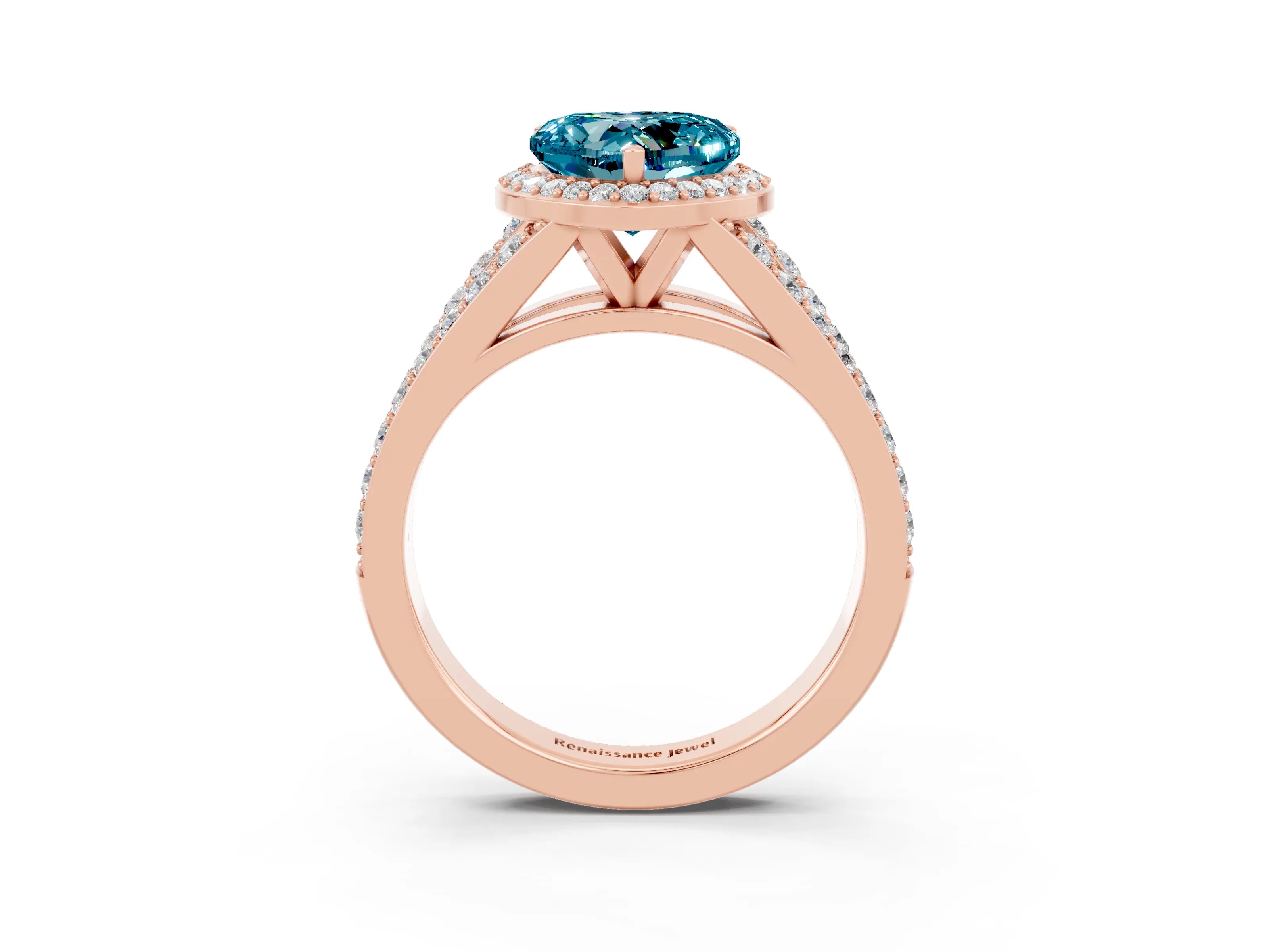 Rose gold Heart Cut Blue Topaz Split Shank Halo Ring with Four-Prong Setting_15