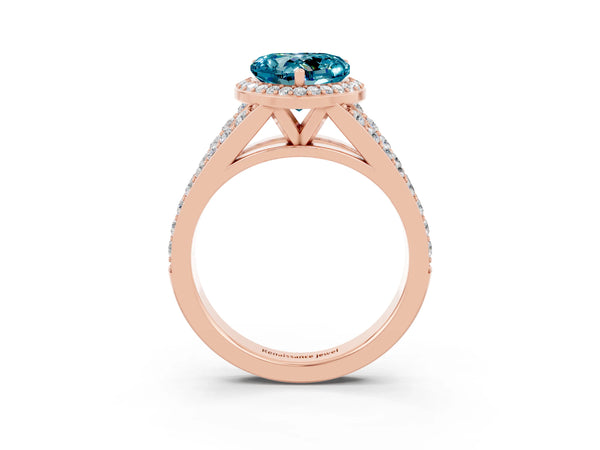 Rose gold Heart Cut Blue Topaz Split Shank Halo Ring with Four-Prong Setting