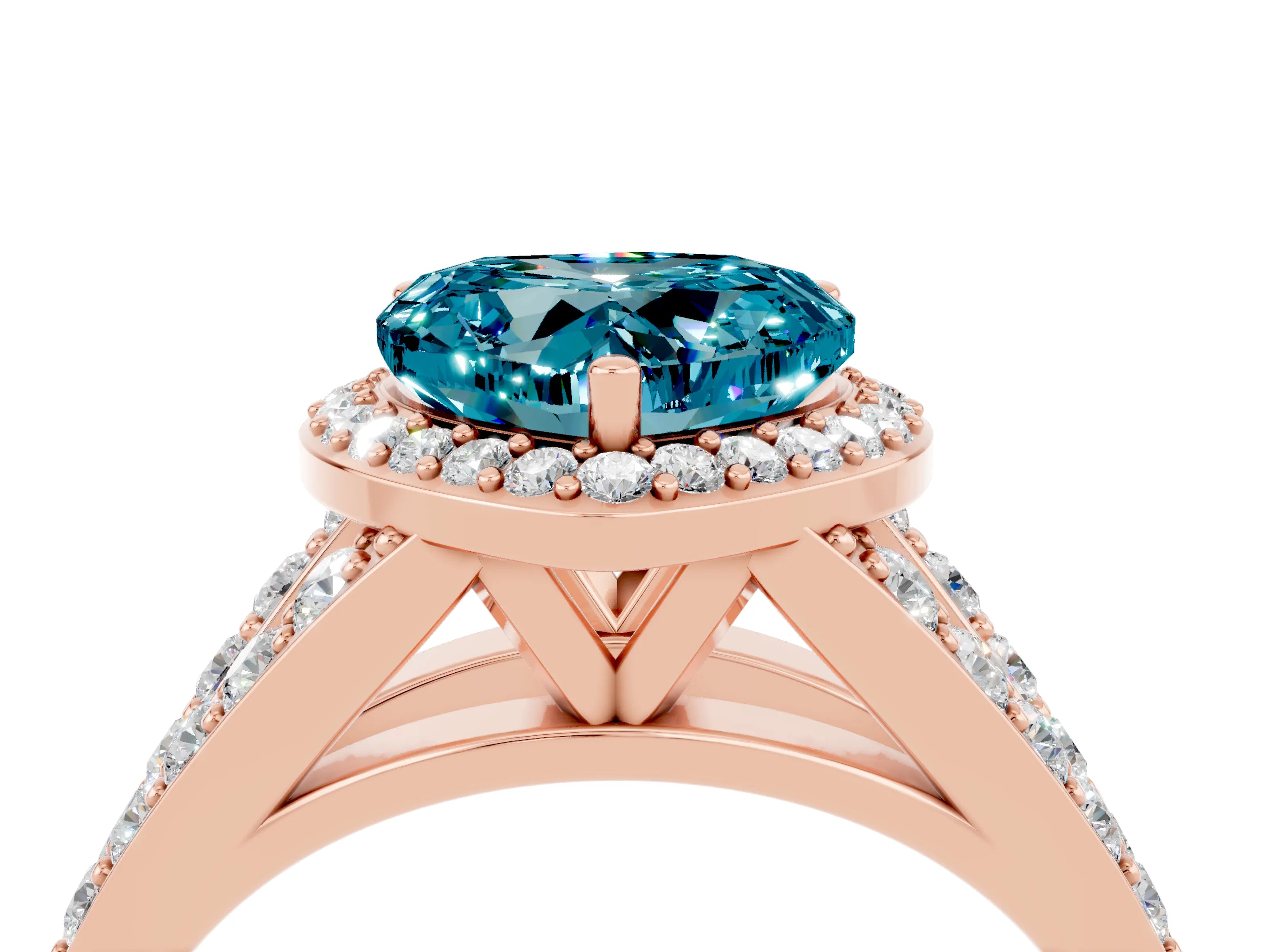 Rose gold Heart Cut Blue Topaz Split Shank Halo Ring with Four-Prong Setting_16