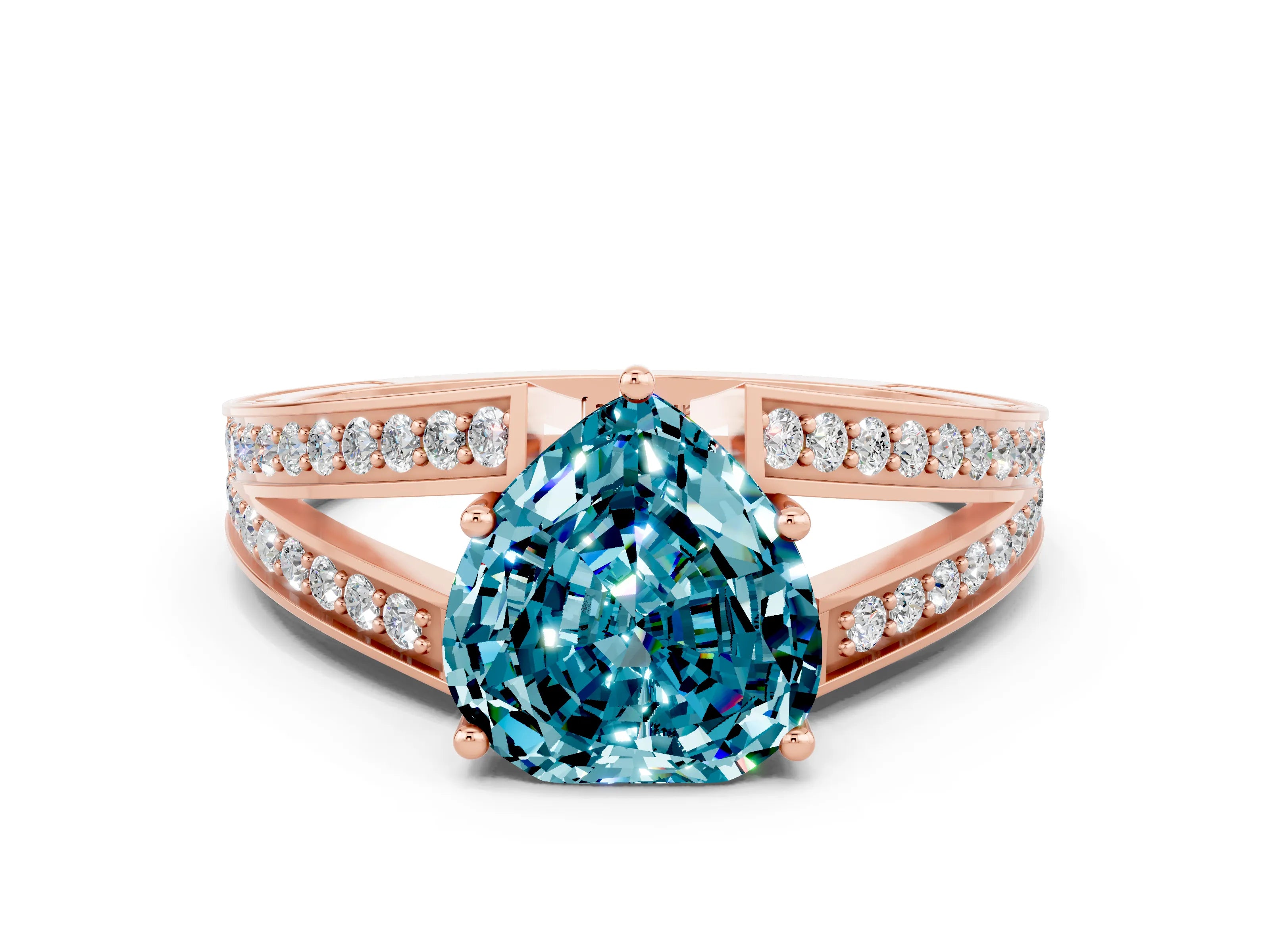 Rose gold Heart Cut Blue Topaz Split Shank Ring with Pavé Band and Four-Prong Setting