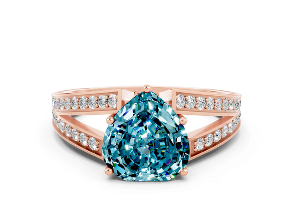 Rose gold Heart Cut Blue Topaz Split Shank Ring with Pavé Band and Four-Prong Setting