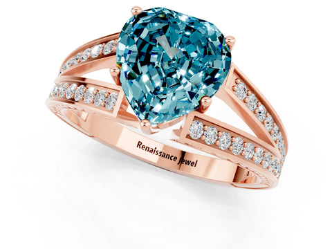 Rose gold Heart Cut Blue Topaz Split Shank Ring with Pavé Band and Four-Prong Setting_1