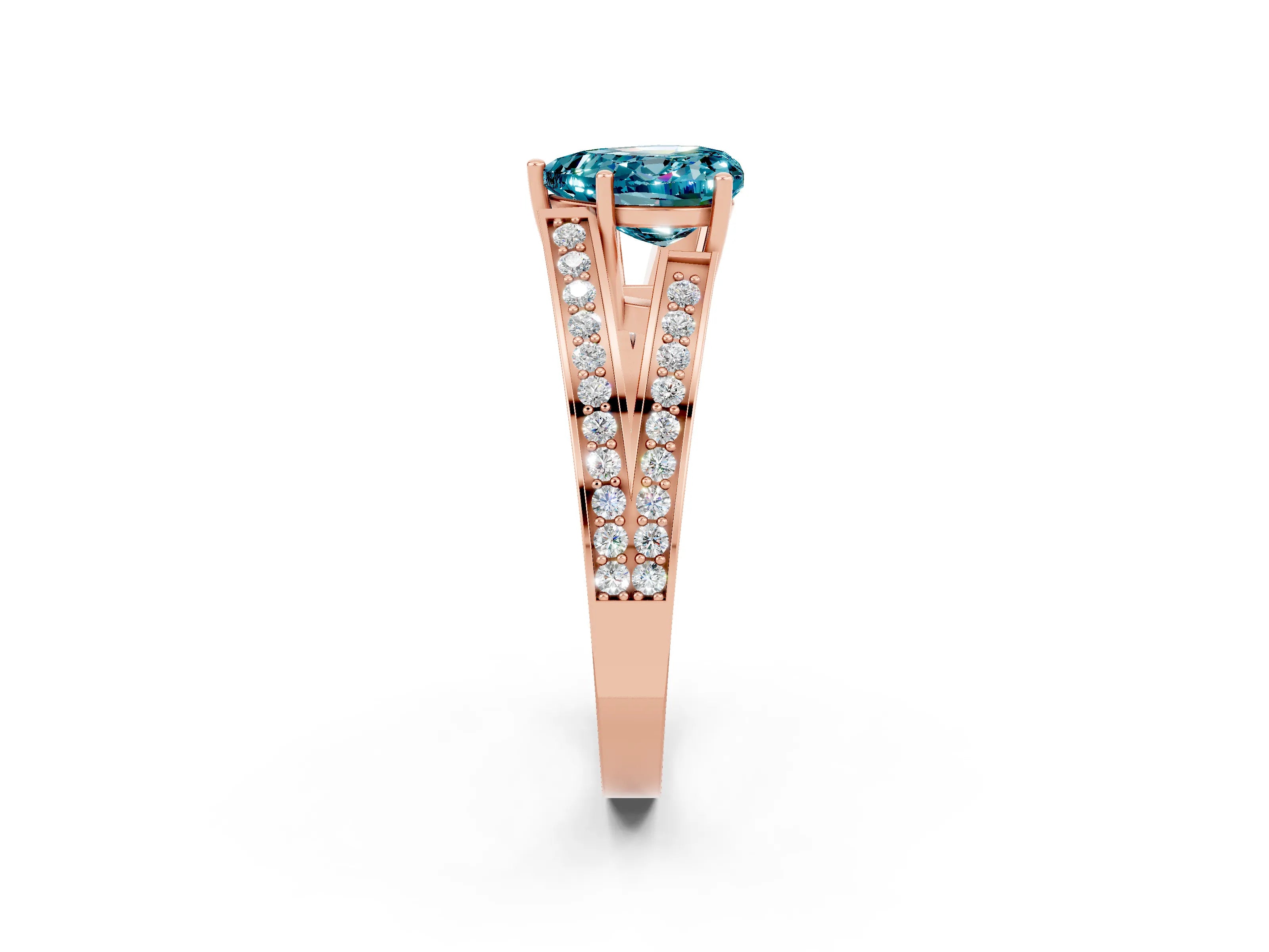 Rose gold Heart Cut Blue Topaz Split Shank Ring with Pavé Band and Four-Prong Setting_2