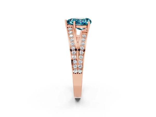 Rose gold Heart Cut Blue Topaz Split Shank Ring with Pavé Band and Four-Prong Setting